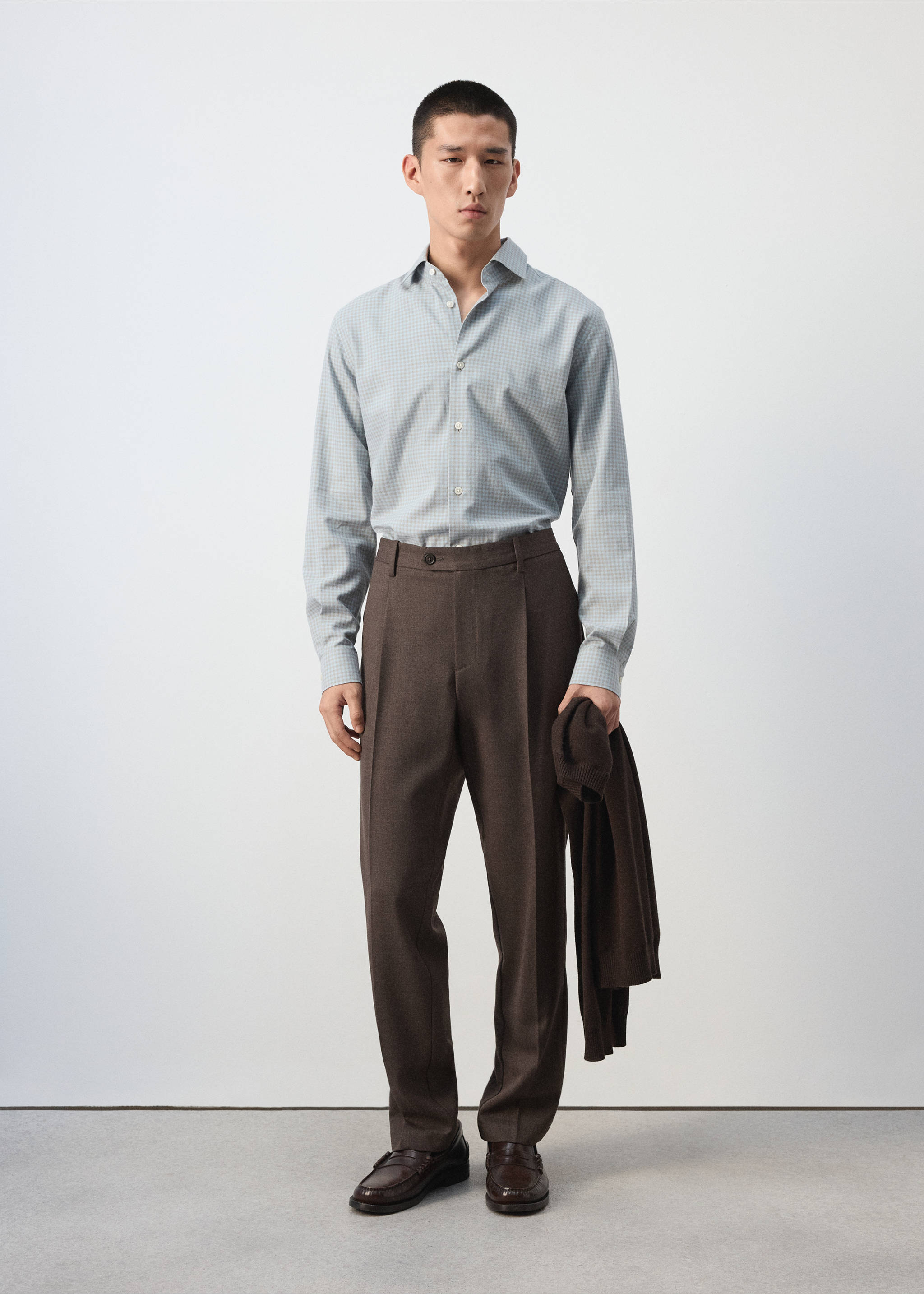 Light blue patterned shirt with long sleeves, worn with brown trousers., Sky Blue. Ref: 37047934-00.