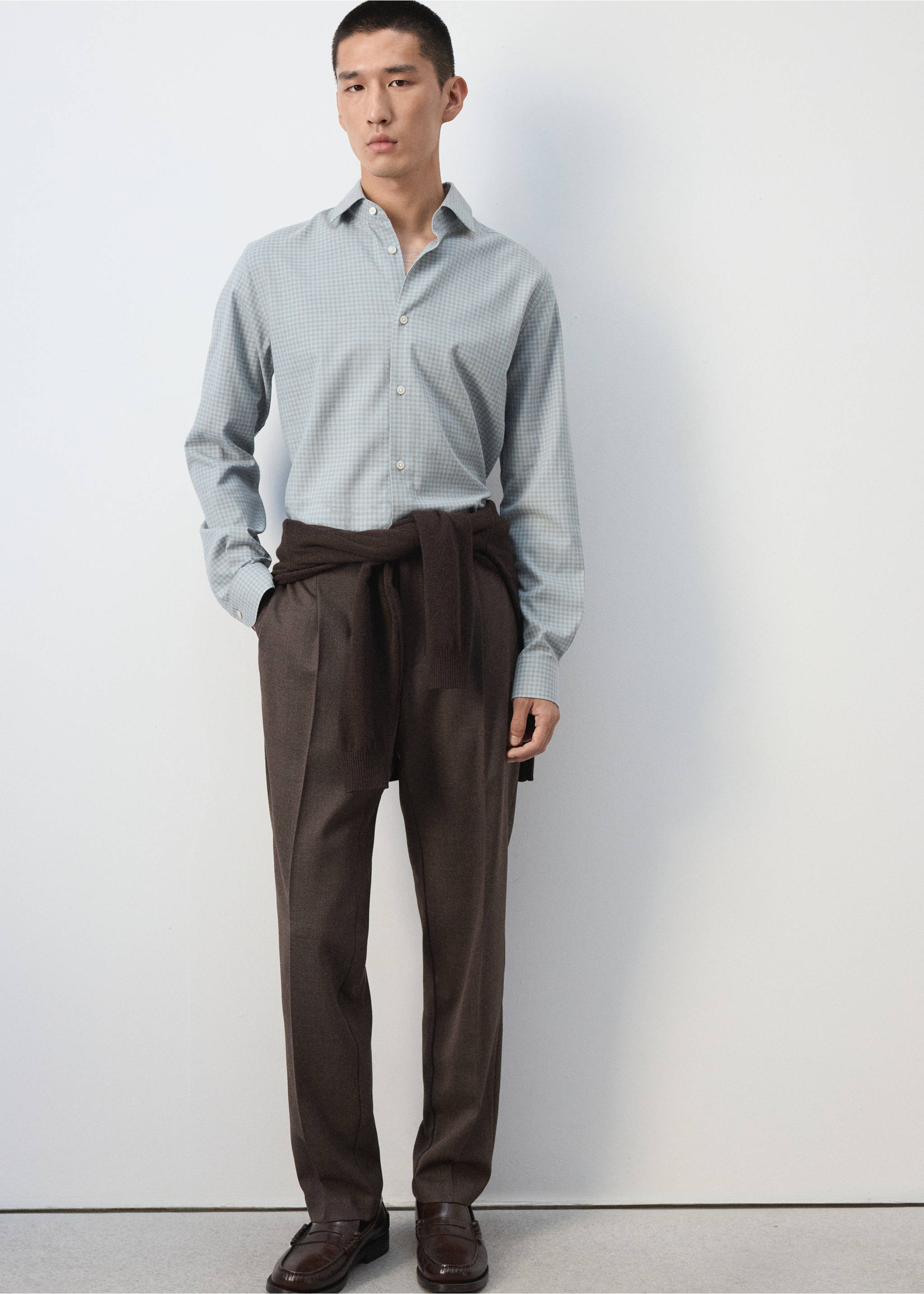 Light blue and grey checked shirt with long sleeves and collar., Sky Blue. Ref: 37047934-00.