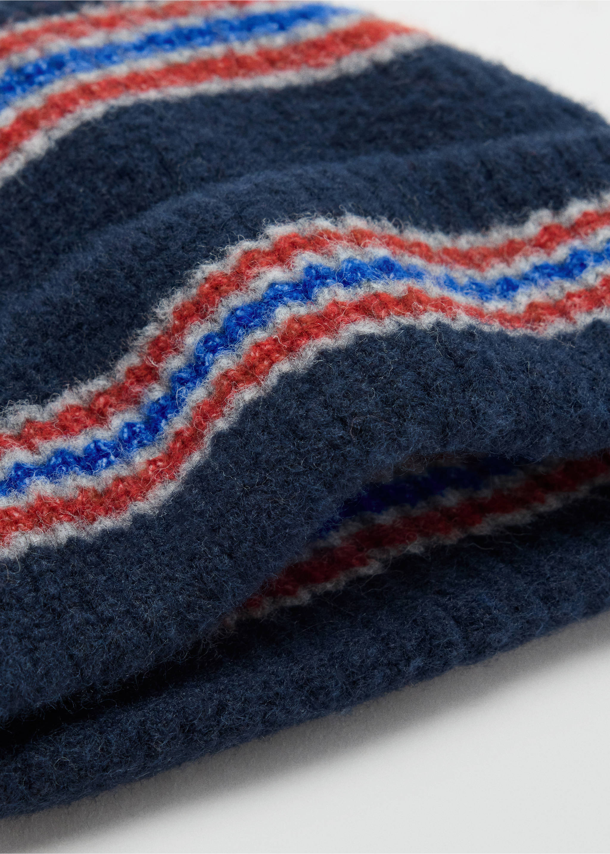 Navy blue knitted hat with a fuzzy texture and horizontal white, red, and blue stripes., Navy. Ref: 37048264-00.