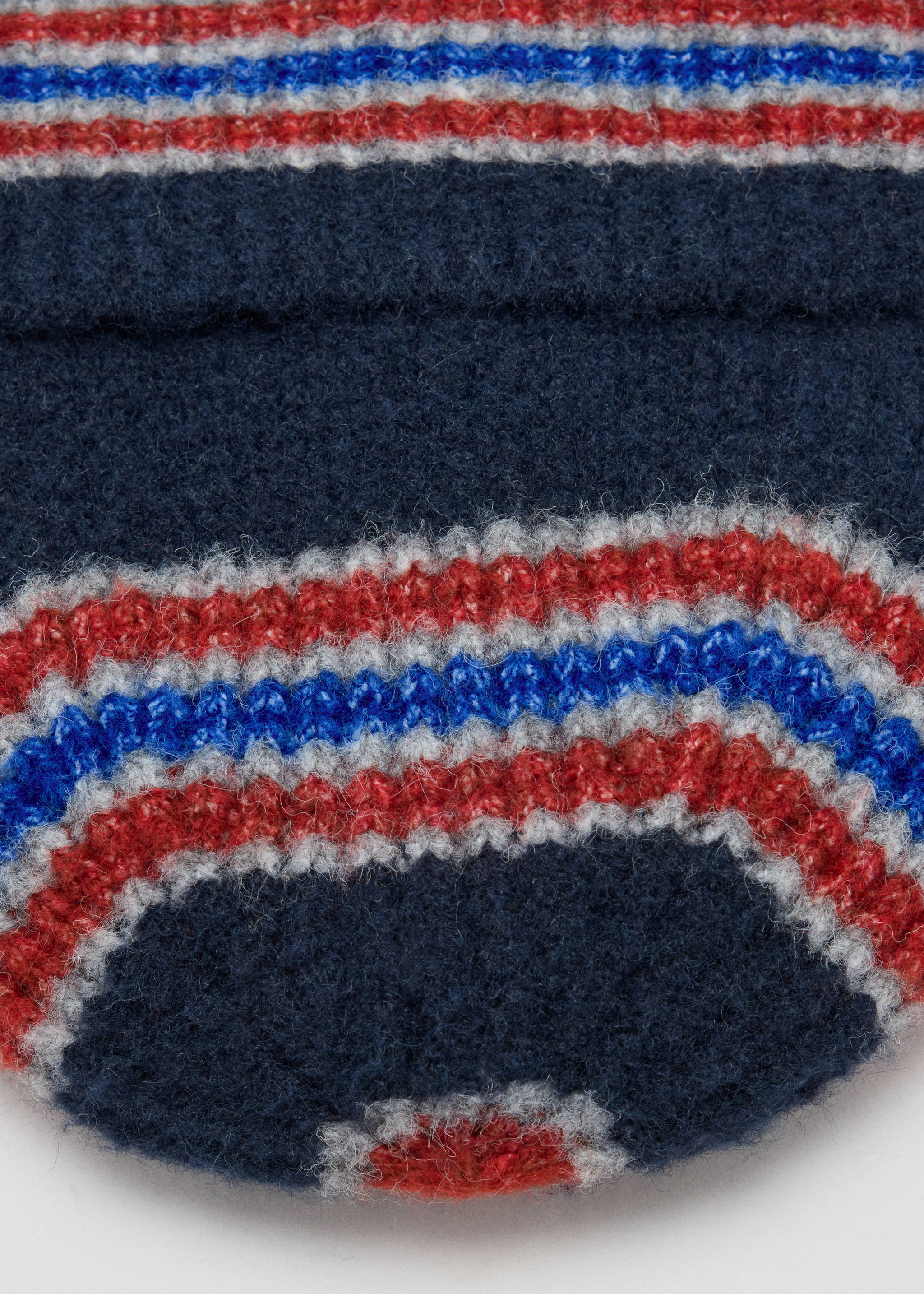 Close-up of a knitted hat in navy blue with red, white, and blue stripes., Navy. Ref: 37048264-00.