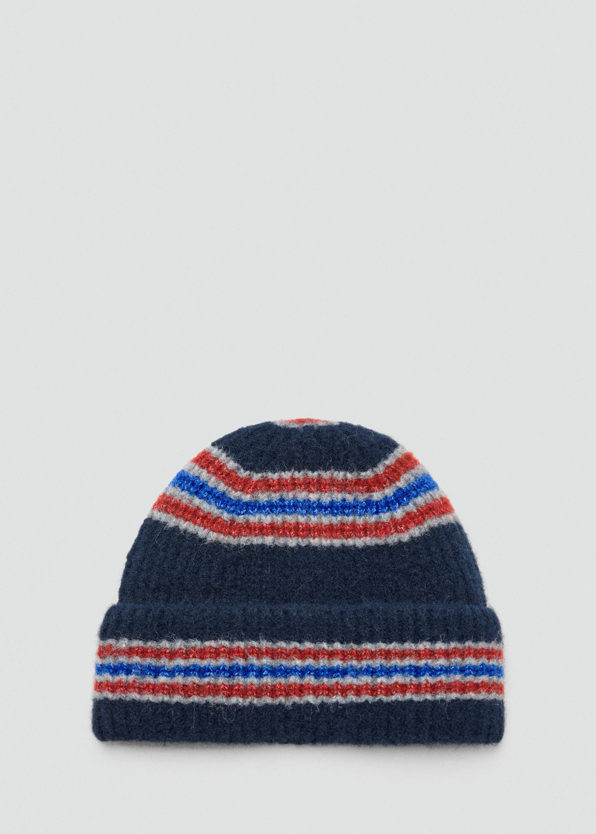 Navy blue kids' knit beanie with red, grey, and blue stripes.