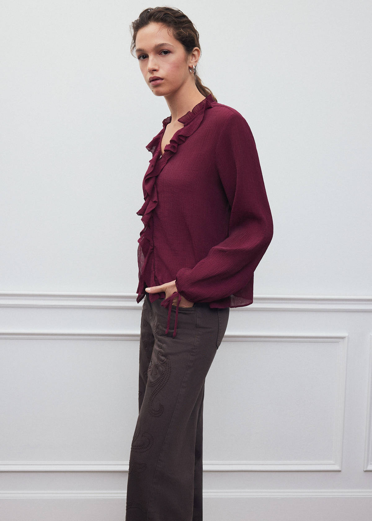 Textured chiffon shirt with ruffles — Blackberry