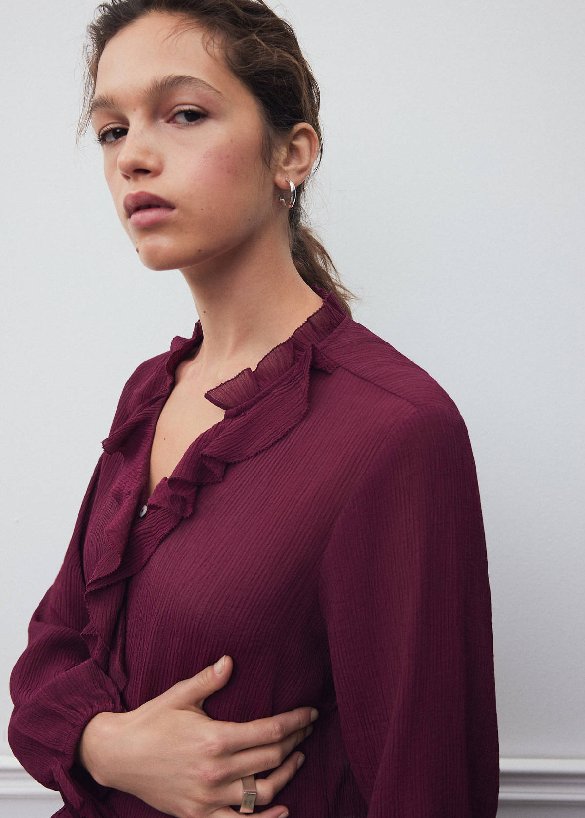 Textured chiffon shirt with ruffles — Blackberry