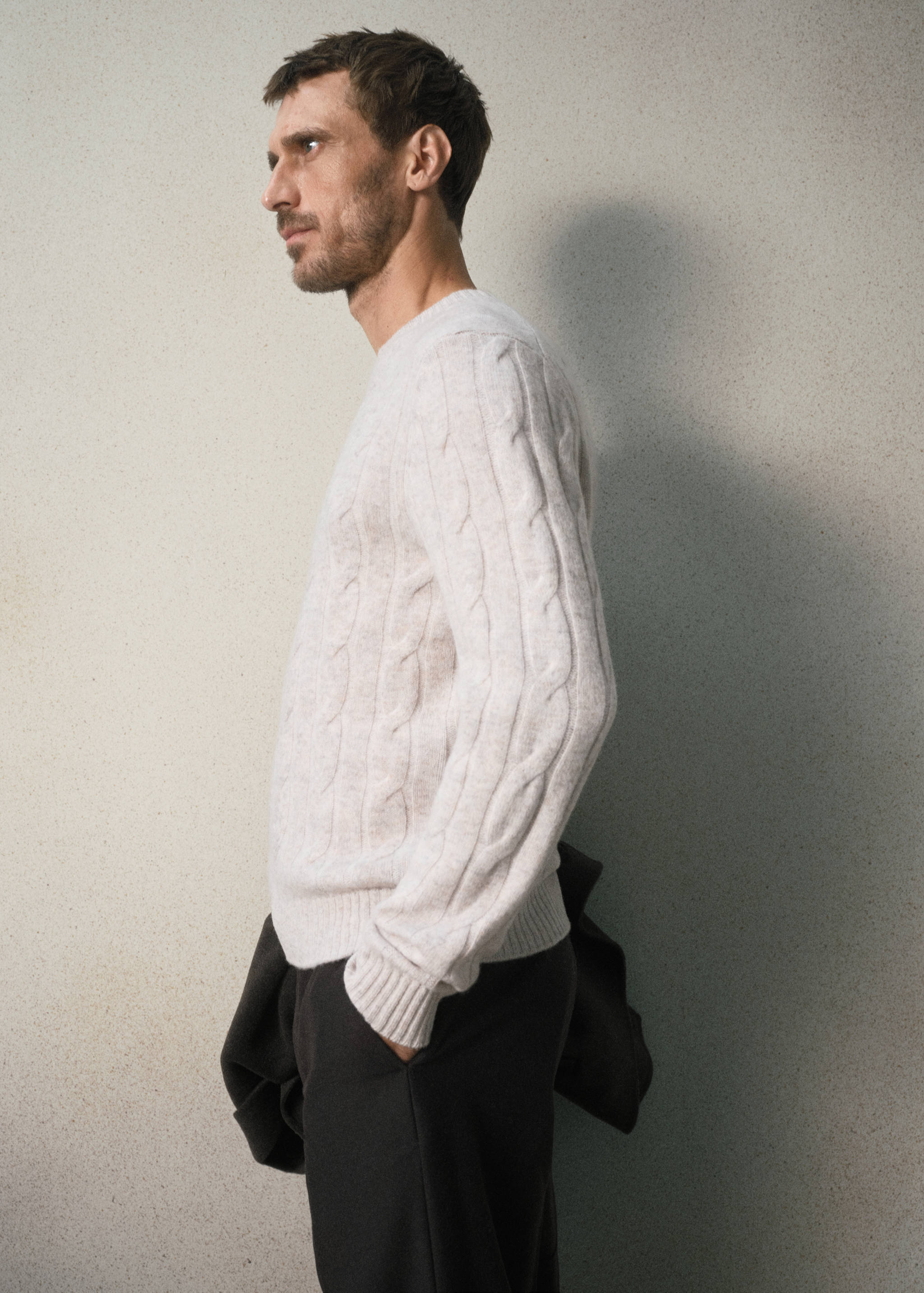 Cream cable-knit crew-neck jersey in a regular fit.