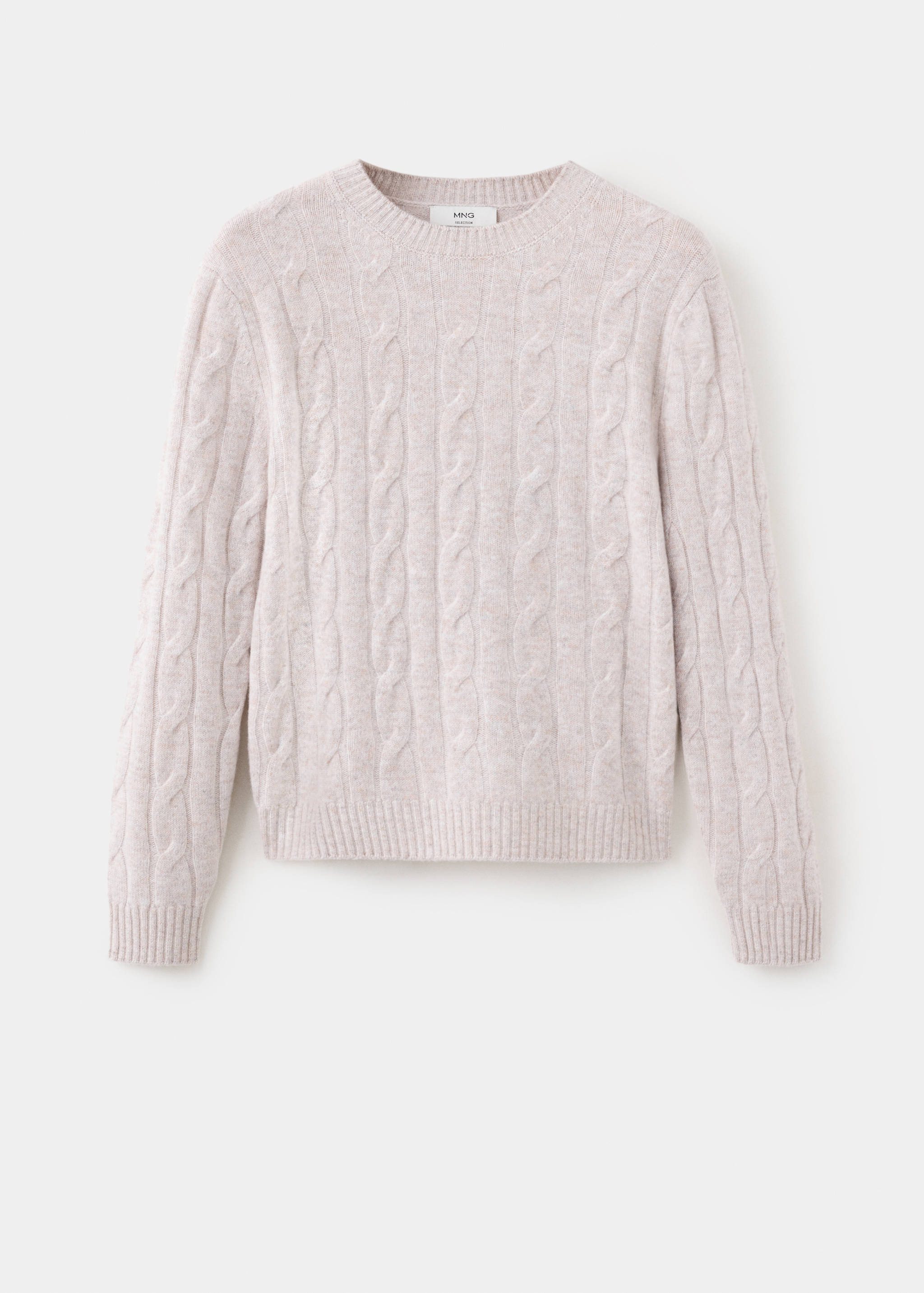 Light beige cable-knit crew-neck jumper with ribbed trims.