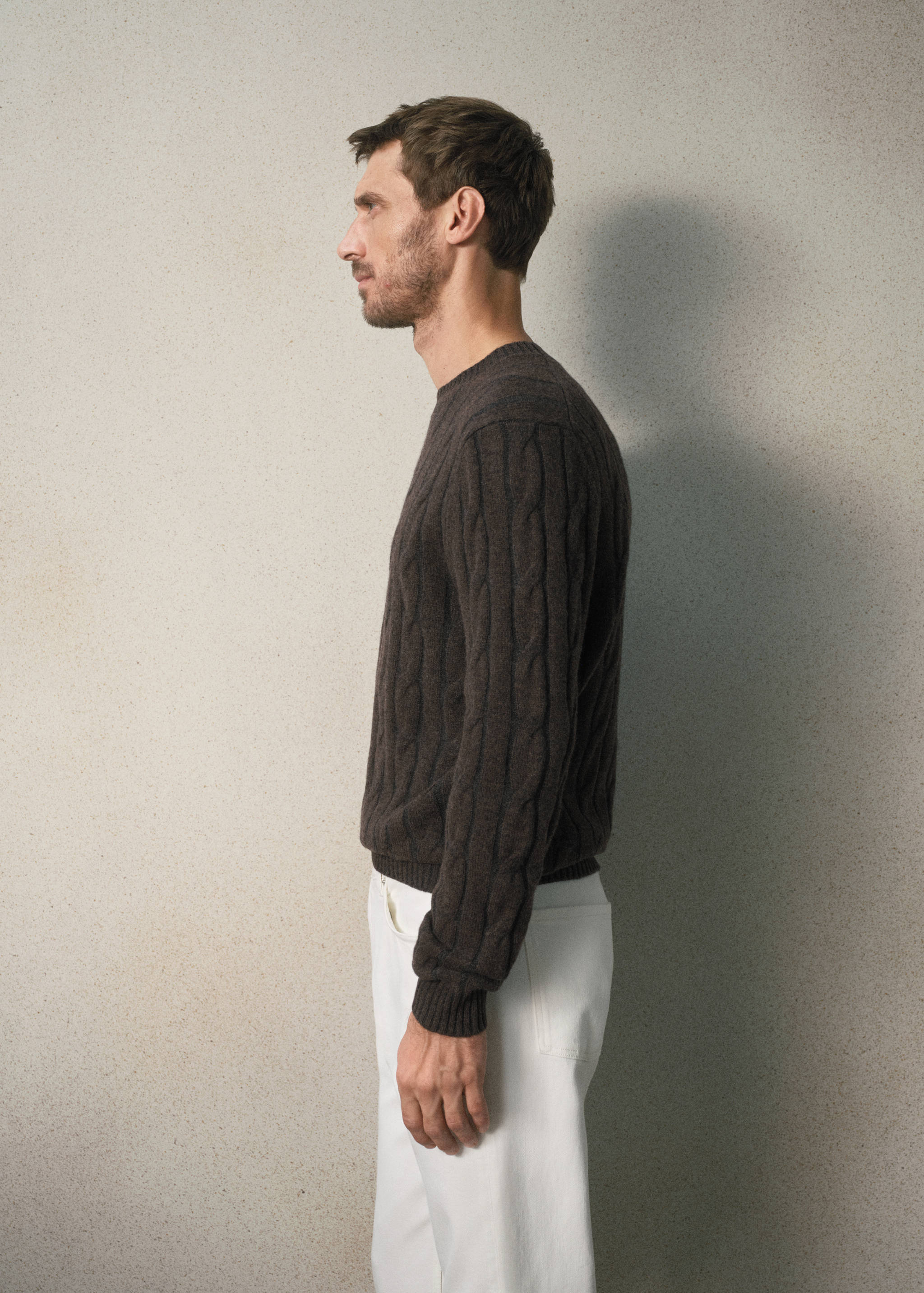 Dark brown crew-neck cable-knit jersey in a side view.