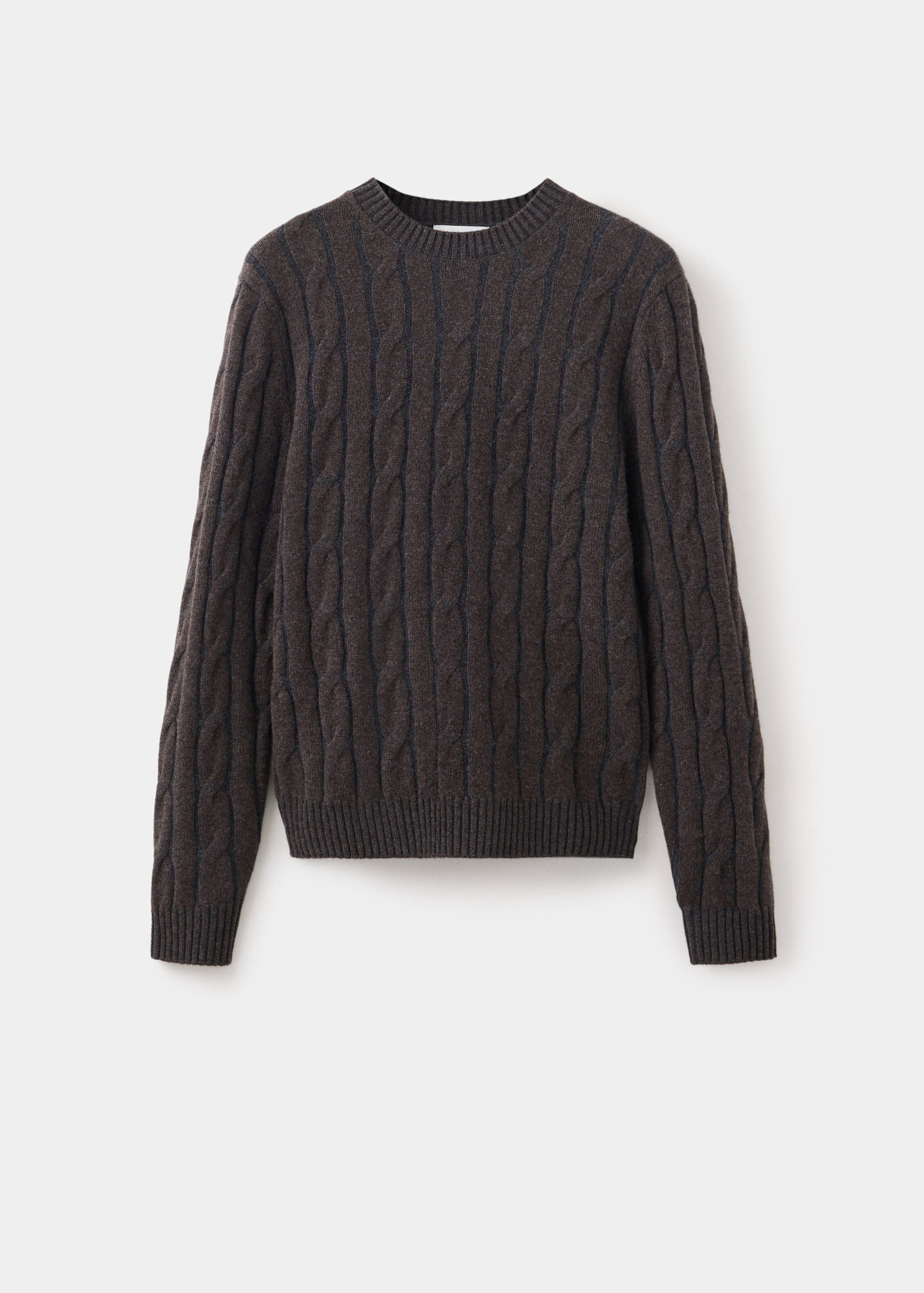 Dark brown cable-knit jumper with a crew neck and ribbed trims.