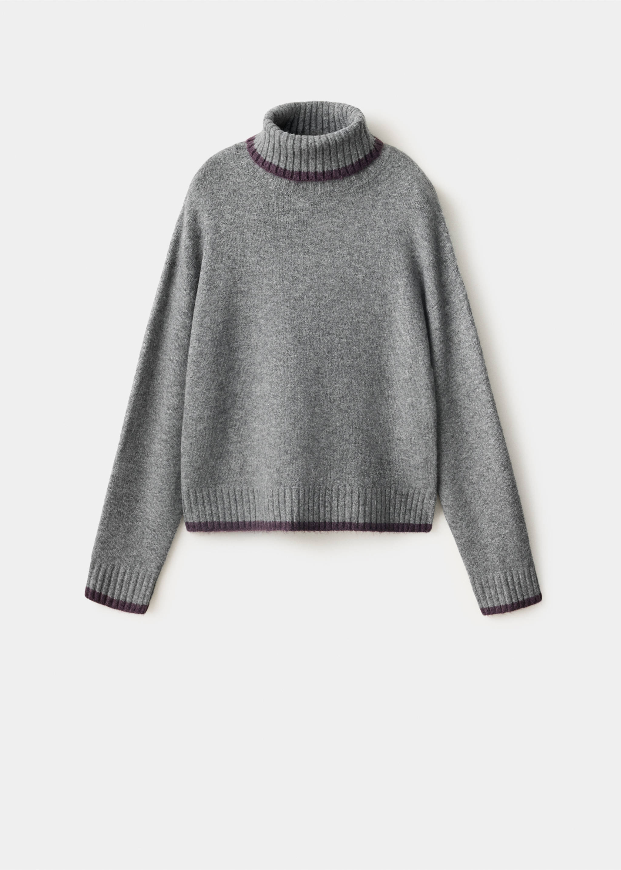 Grey roll-neck jersey sweater with long sleeves and contrasting dark purple ribbed trims., Medium Heather Grey. Ref: 37048276-00.