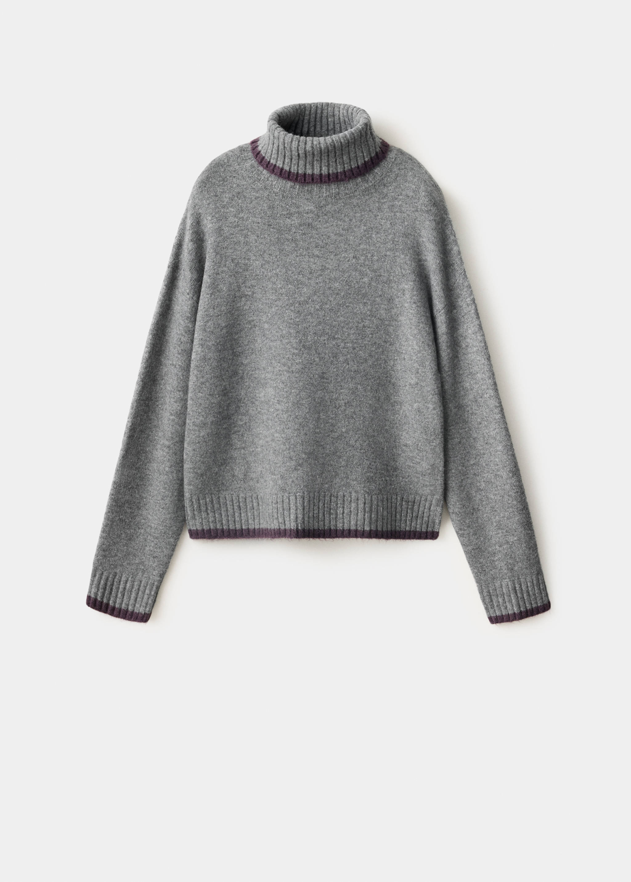 Grey roll-neck jersey sweater with long sleeves and contrasting dark purple ribbed trims.