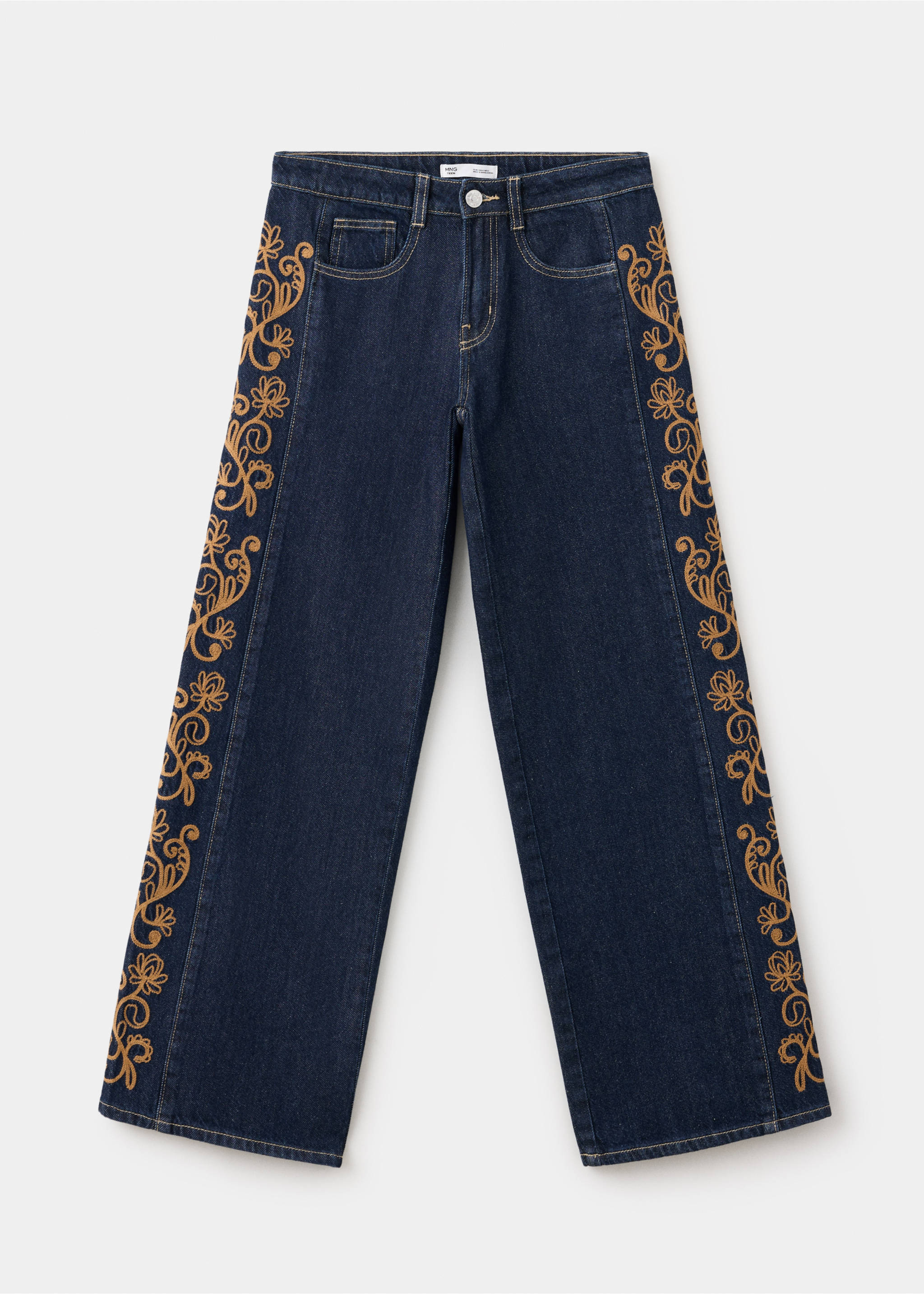 Pantalones vaqueros de color azul oscuro con bordados laterales y diseño de pernera recta., Azul. Ref: 37048277-00.
