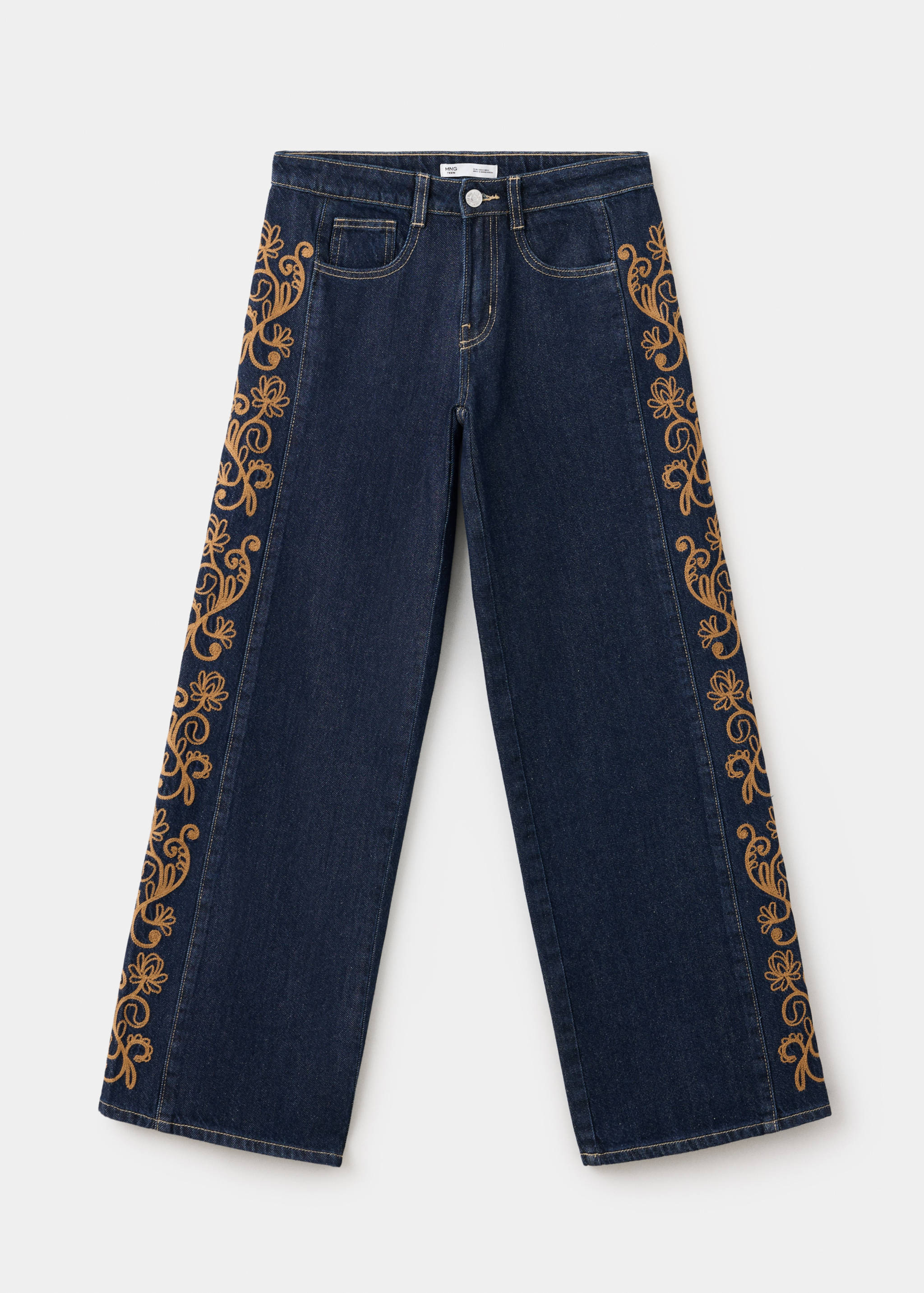 Pantalones vaqueros de color azul oscuro con bordados laterales y diseño de pernera recta.