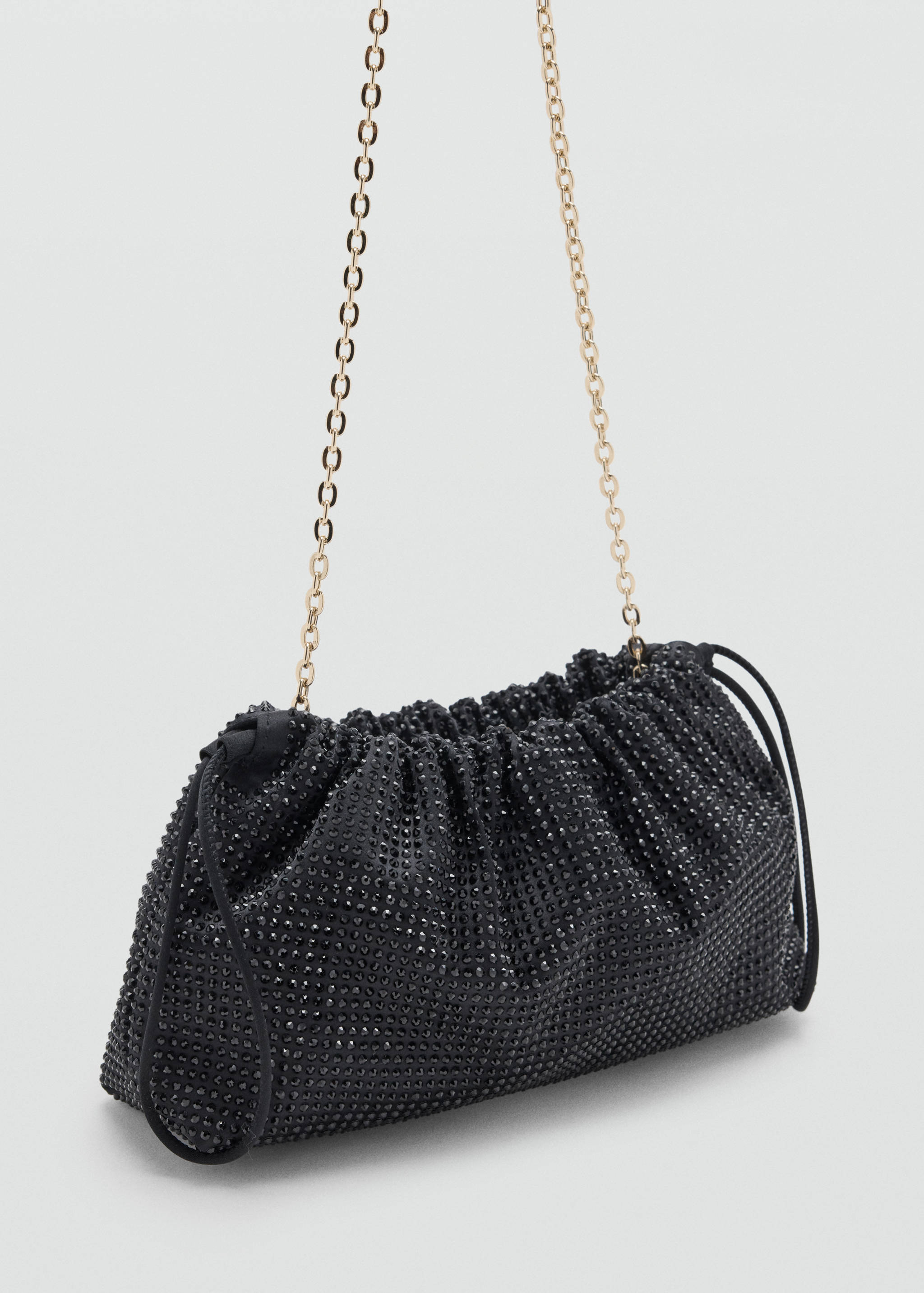 Black rhinestone-embellished shoulder bag with a gathered design and gold chain strap.