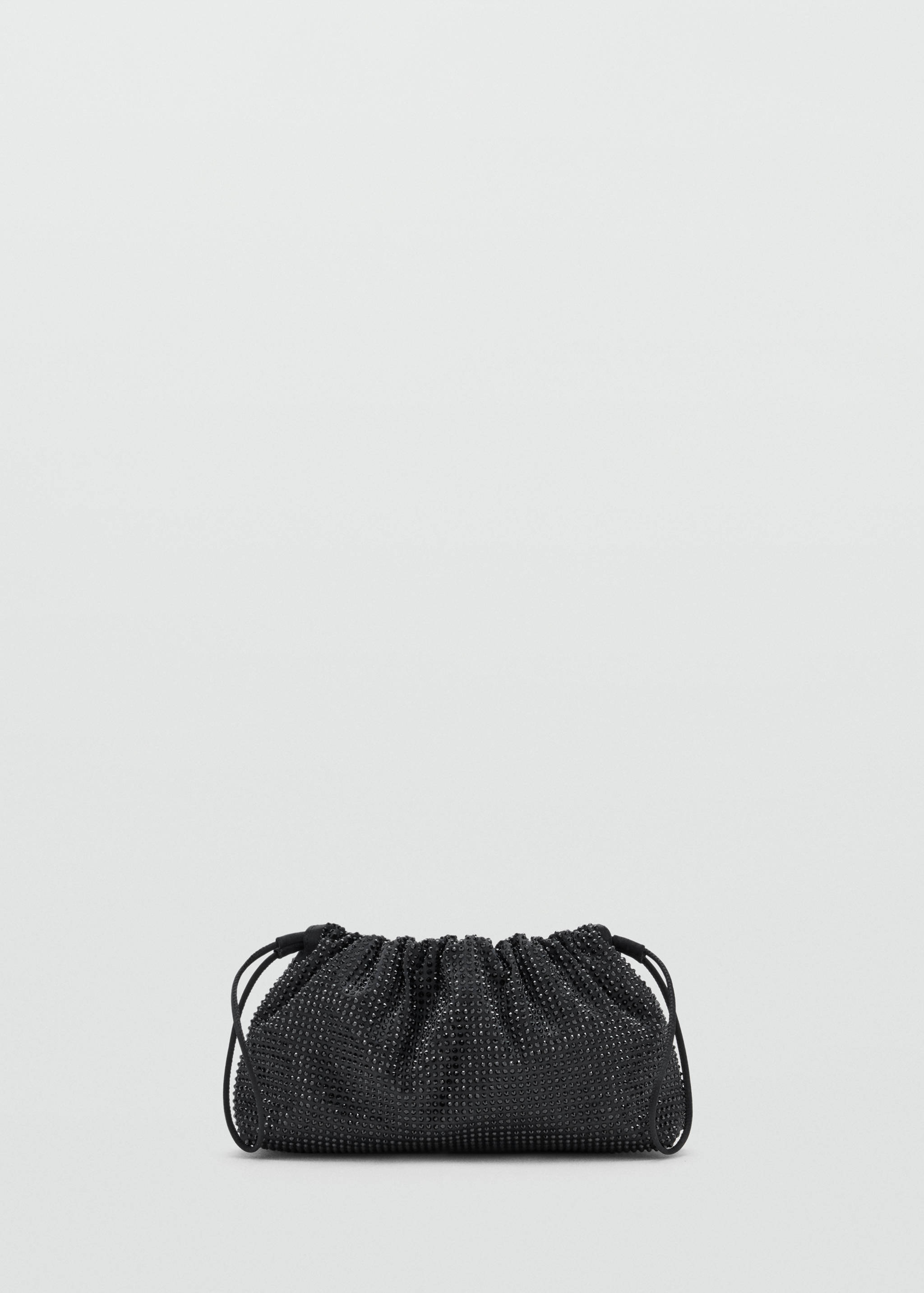 Black rhinestone shoulder bag with a soft gathered pouch silhouette.
