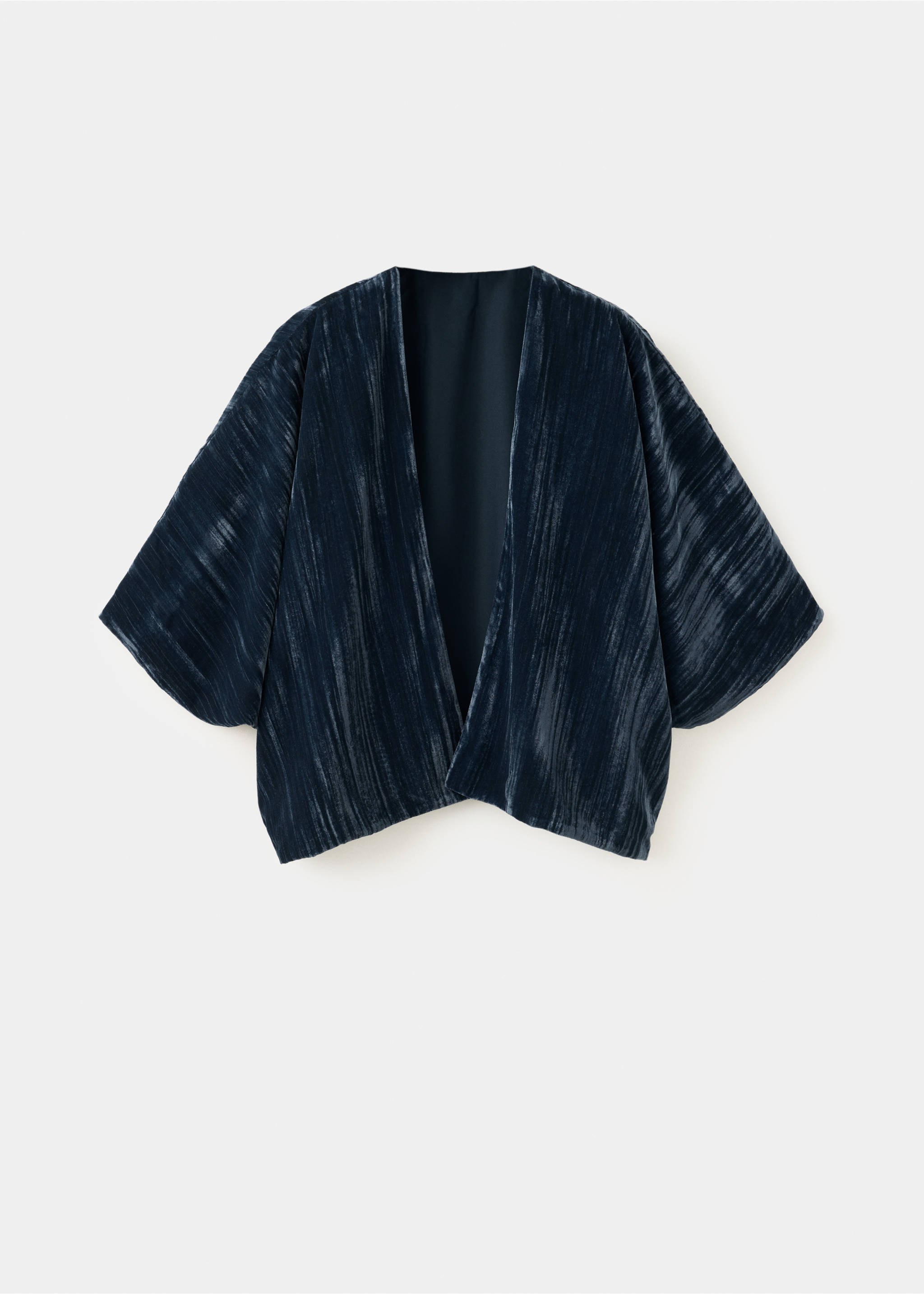 Dark navy blue velvet blazer with an open front and short wide sleeves., Navy. Ref: 37048280-00.