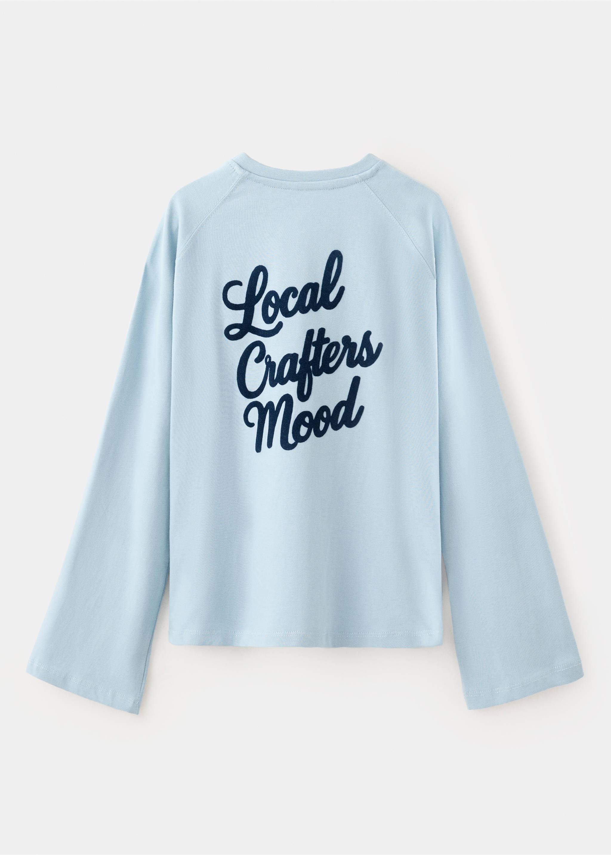 Light blue long-sleeved t-shirt seen from the back, with dark navy script text., Sky Blue. Ref: 37048282-00.