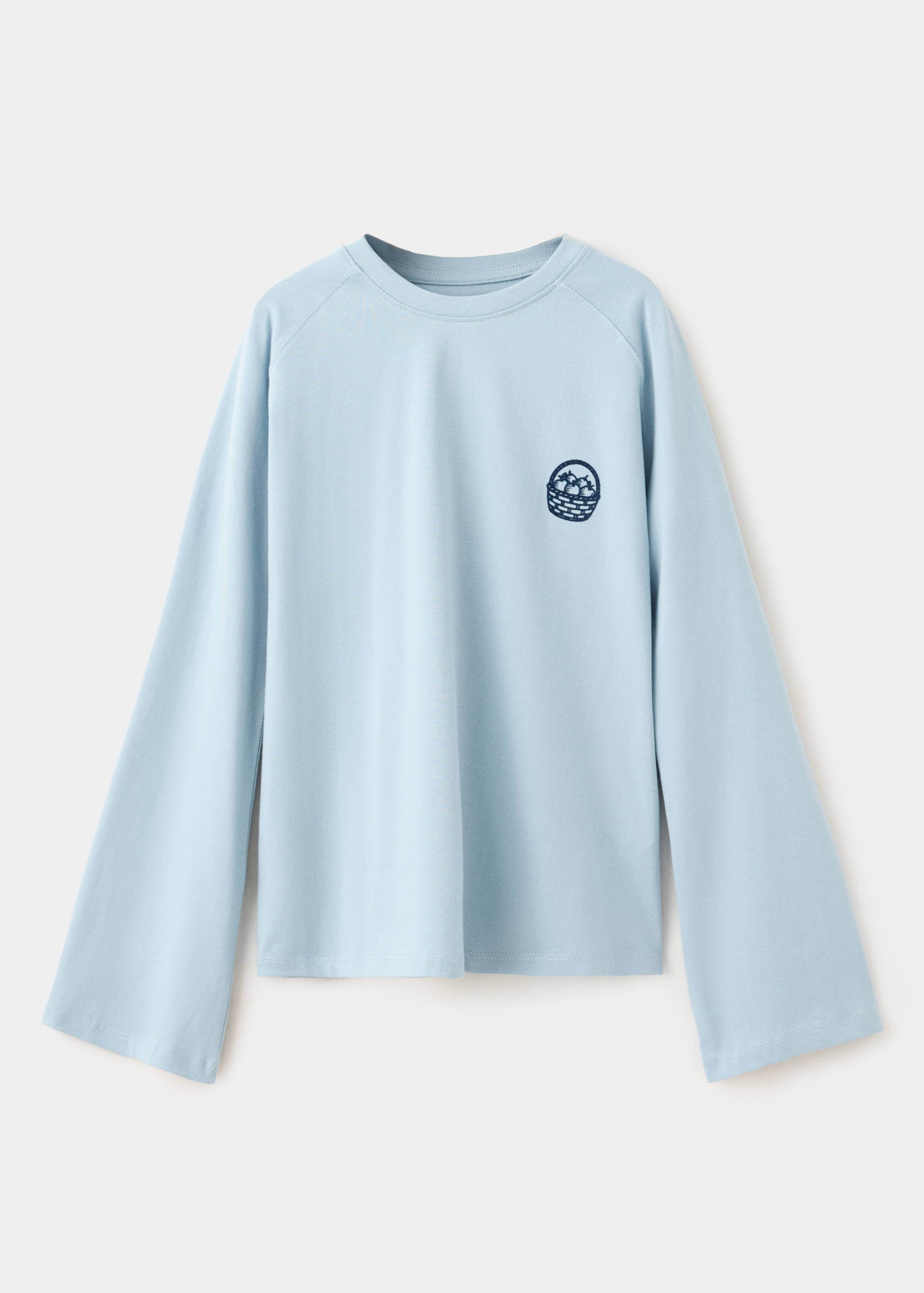 Light blue long-sleeve t-shirt with a crew neck and embroidered basket graphic.