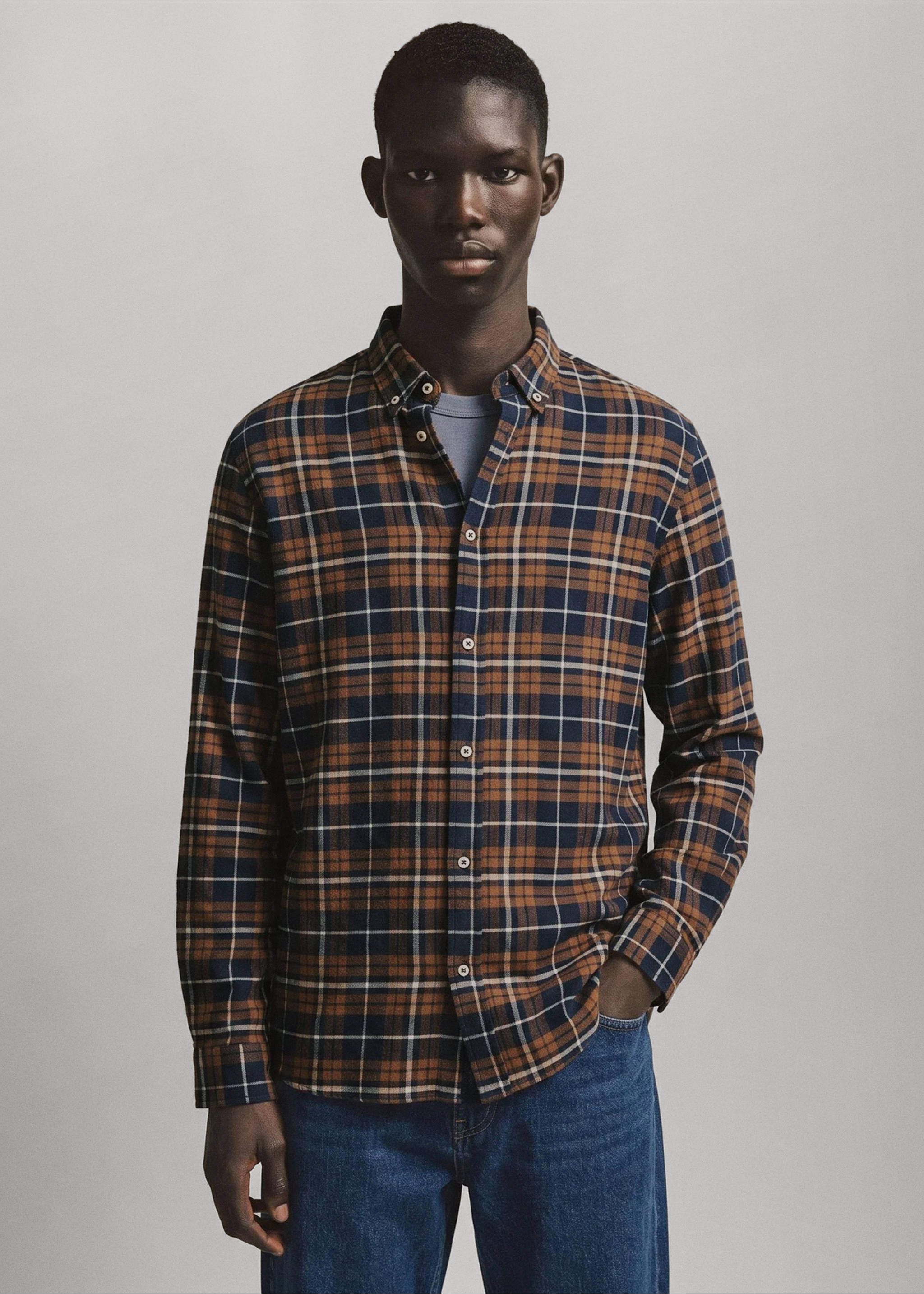 Brown, navy and white plaid long-sleeved shirt with buttoned collar., Mustard. Ref: 37048285-00.