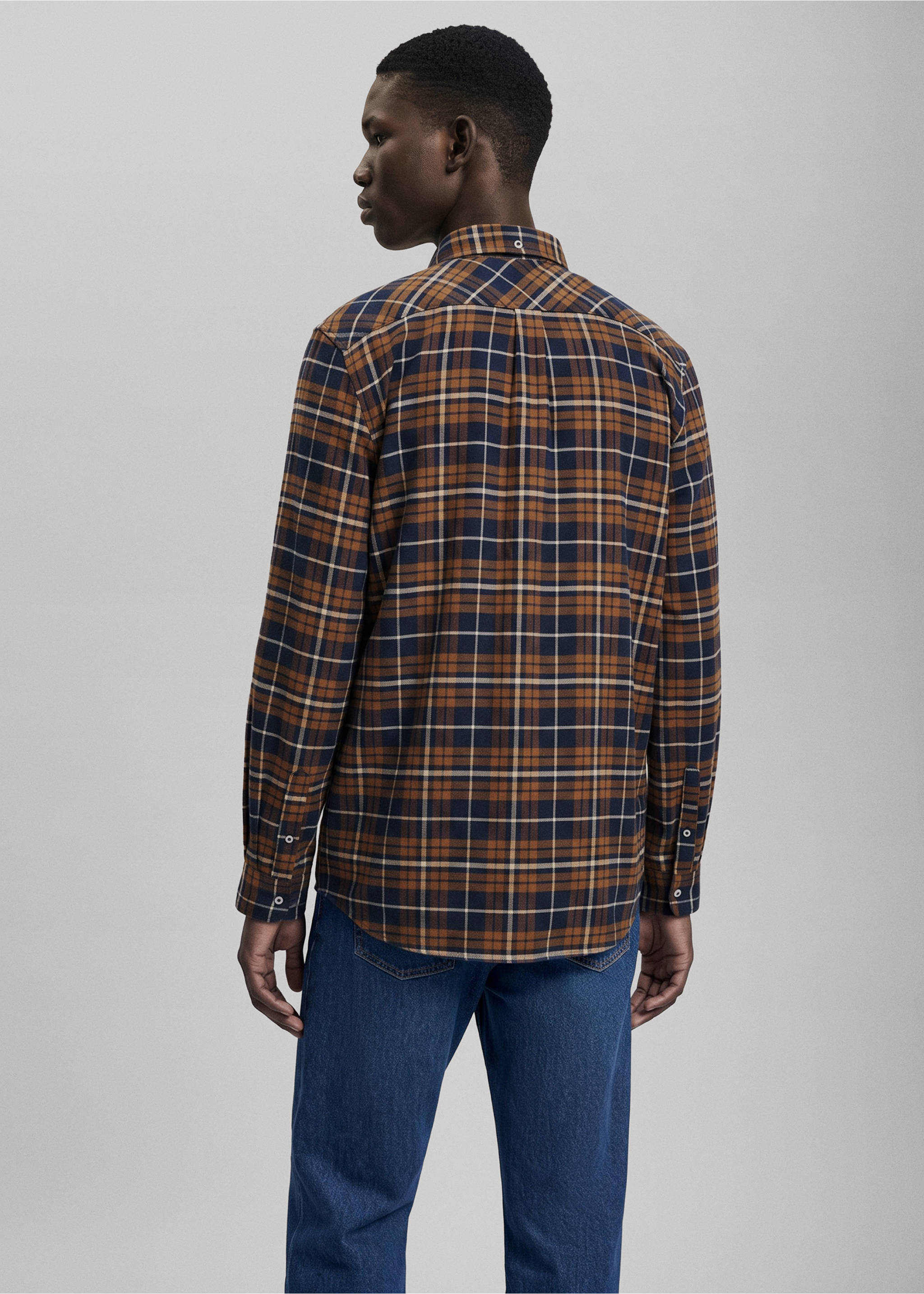 Back view of a brown and navy blue plaid shirt with long sleeves., Mustard. Ref: 37048285-00.