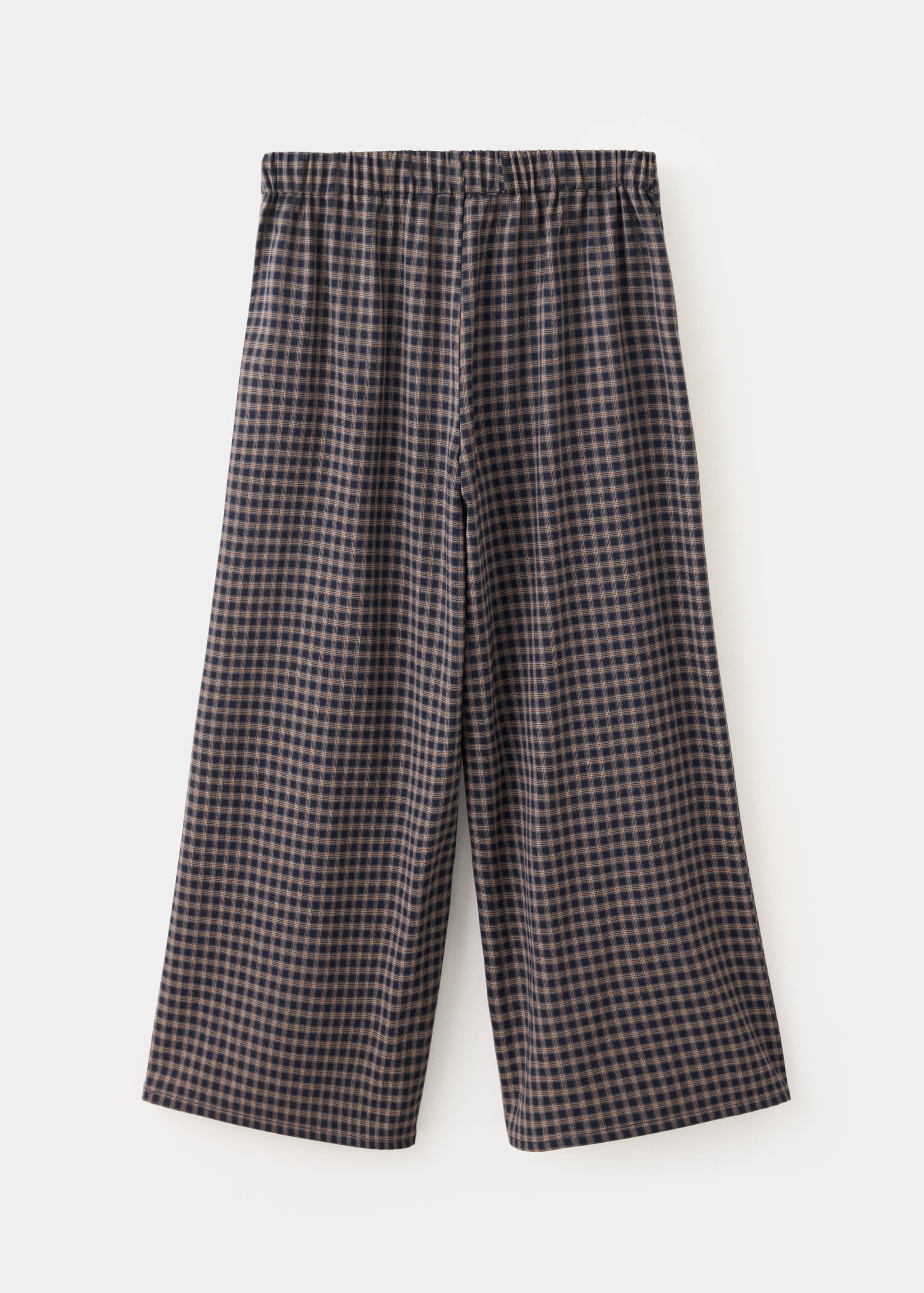 Back view of blue and brown check trousers with an elasticated waist.