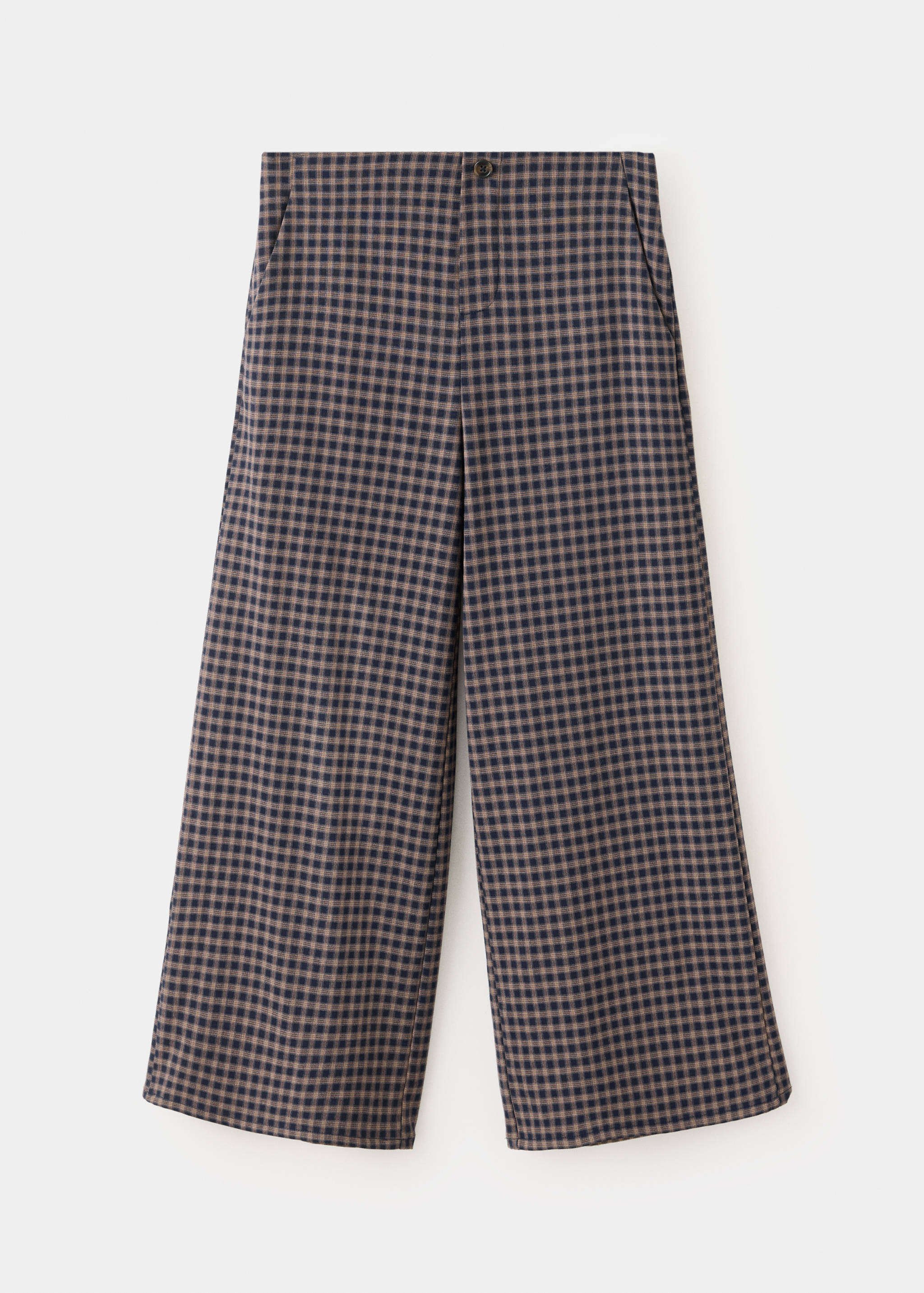 Children's navy and beige checkered straight-leg trousers.