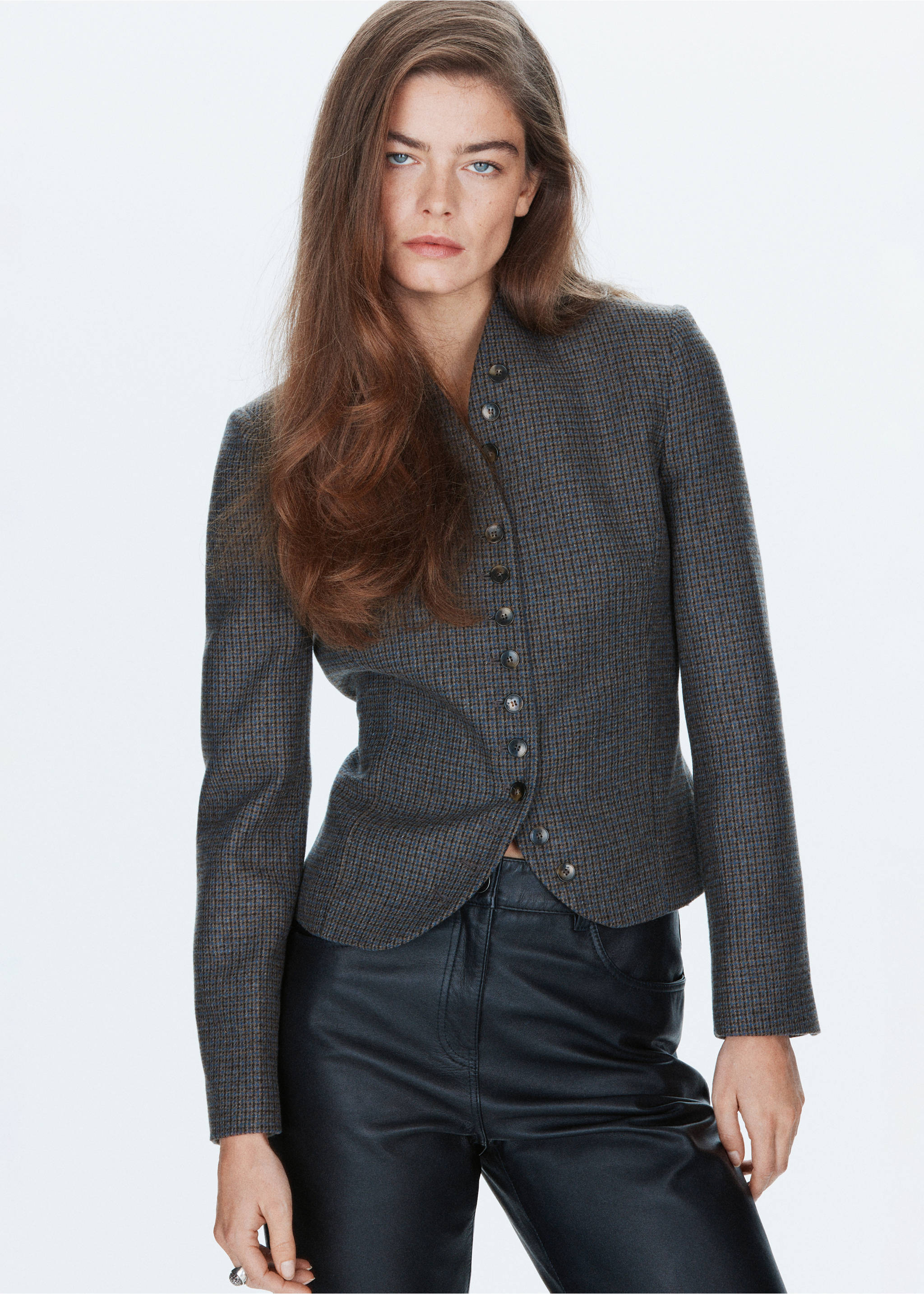 Blazer cintrée pied-de-poule - Plan moyen, Bleu. Ref: 37048288-00.