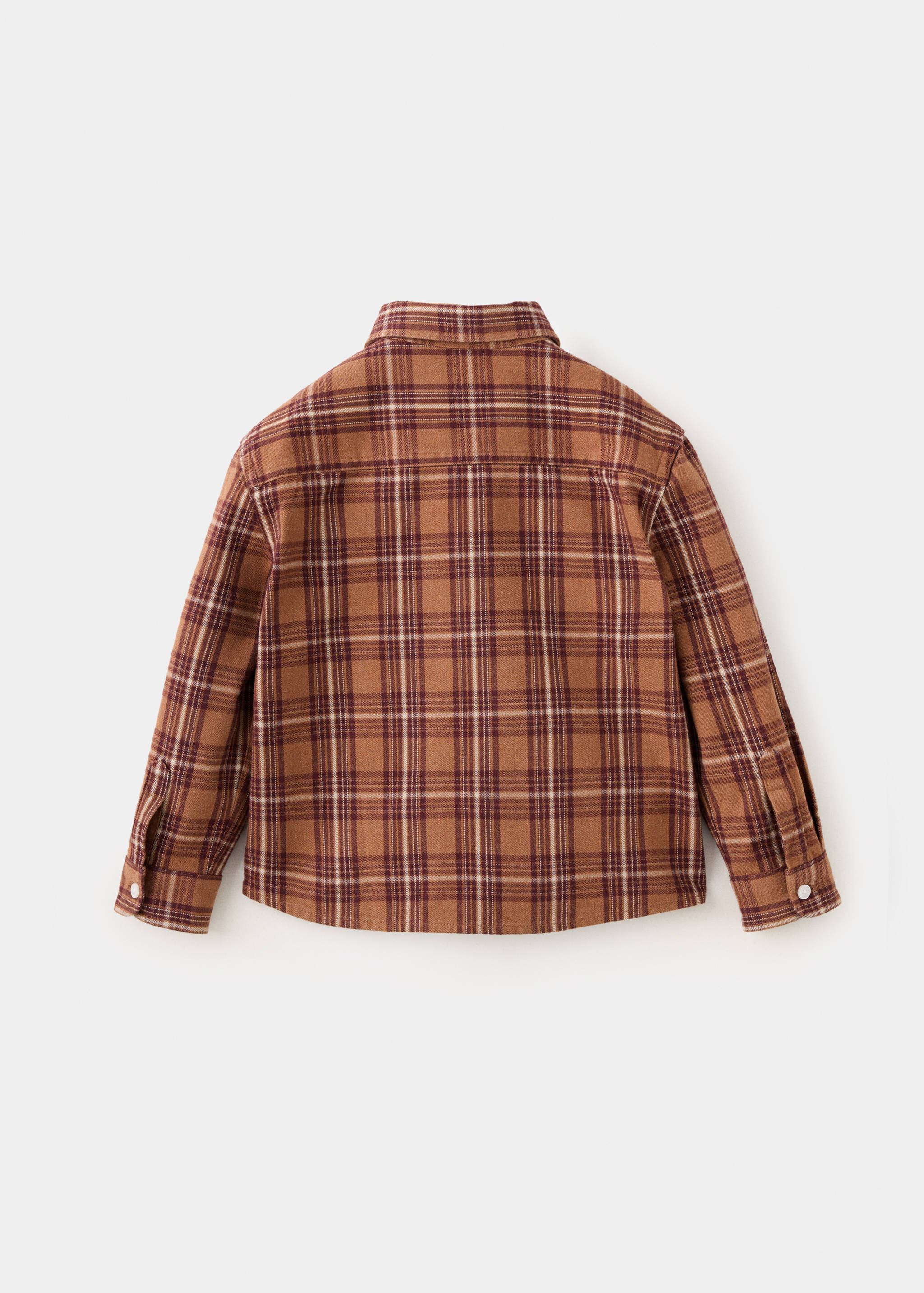 Brown plaid kids' shirt shown from the back.