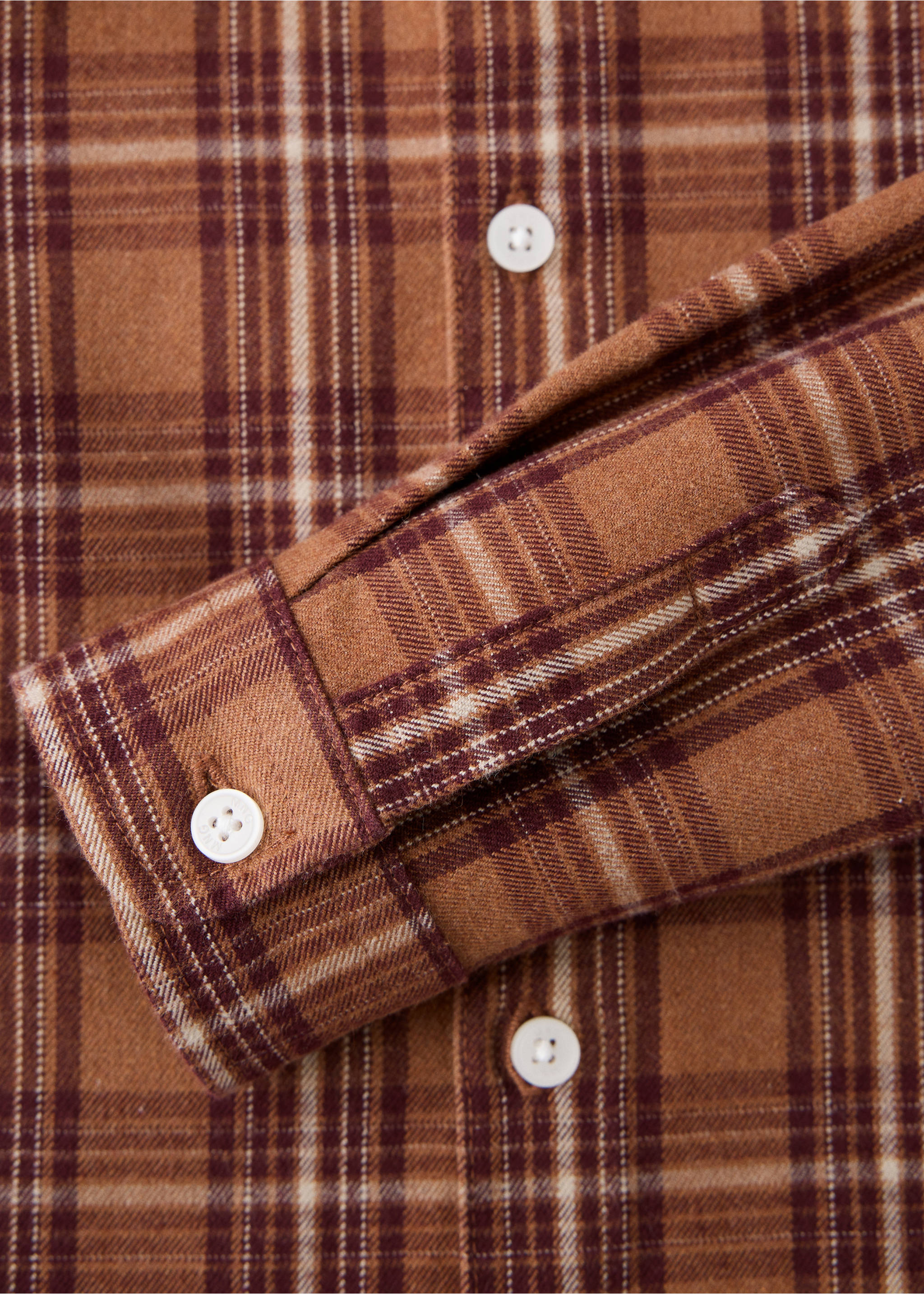 Brown plaid children's shirt fabric and buttoned cuff detail., Russet. Ref: 37048632-00.