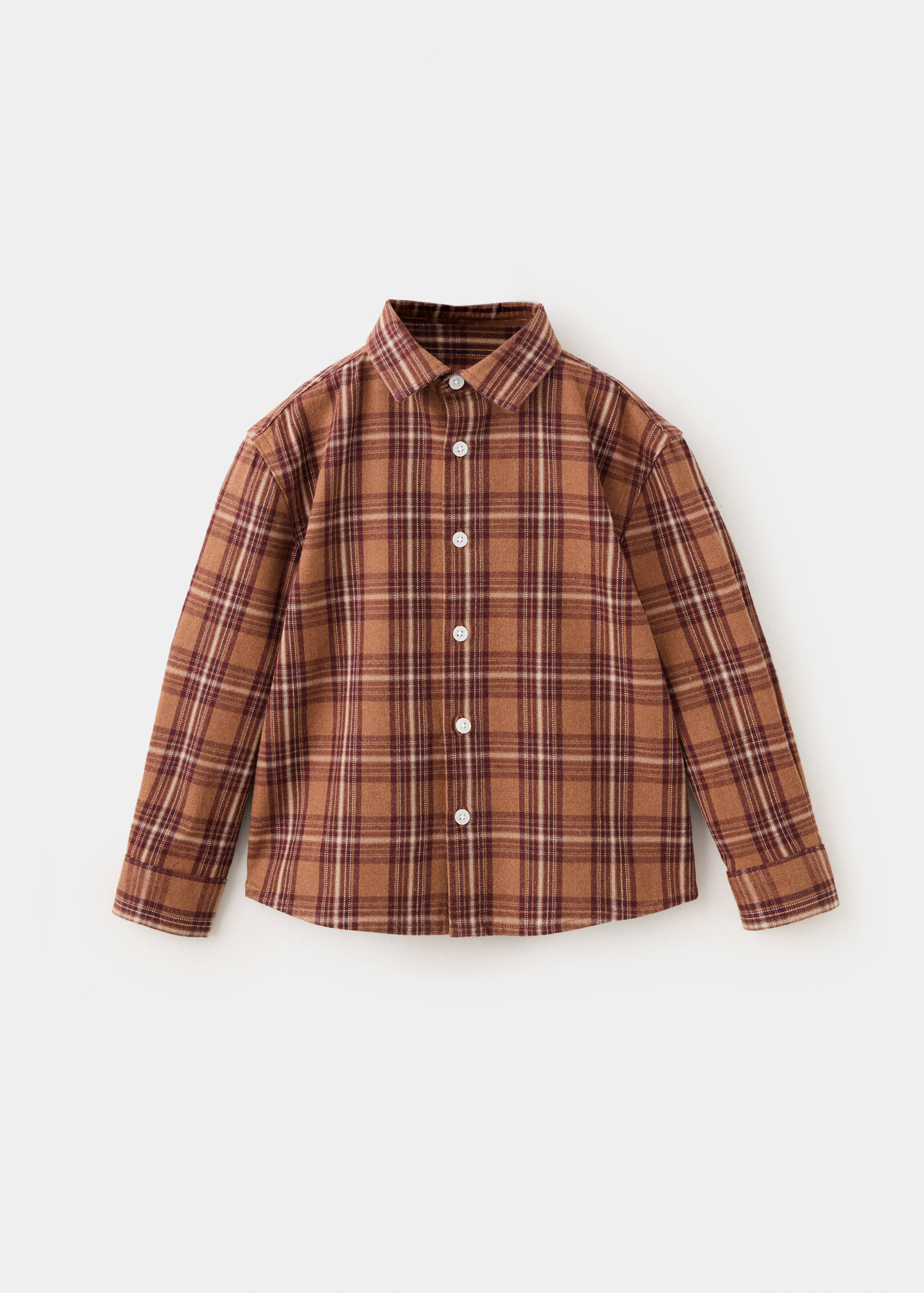 Brown plaid children's long-sleeve shirt with a collar and front buttons.