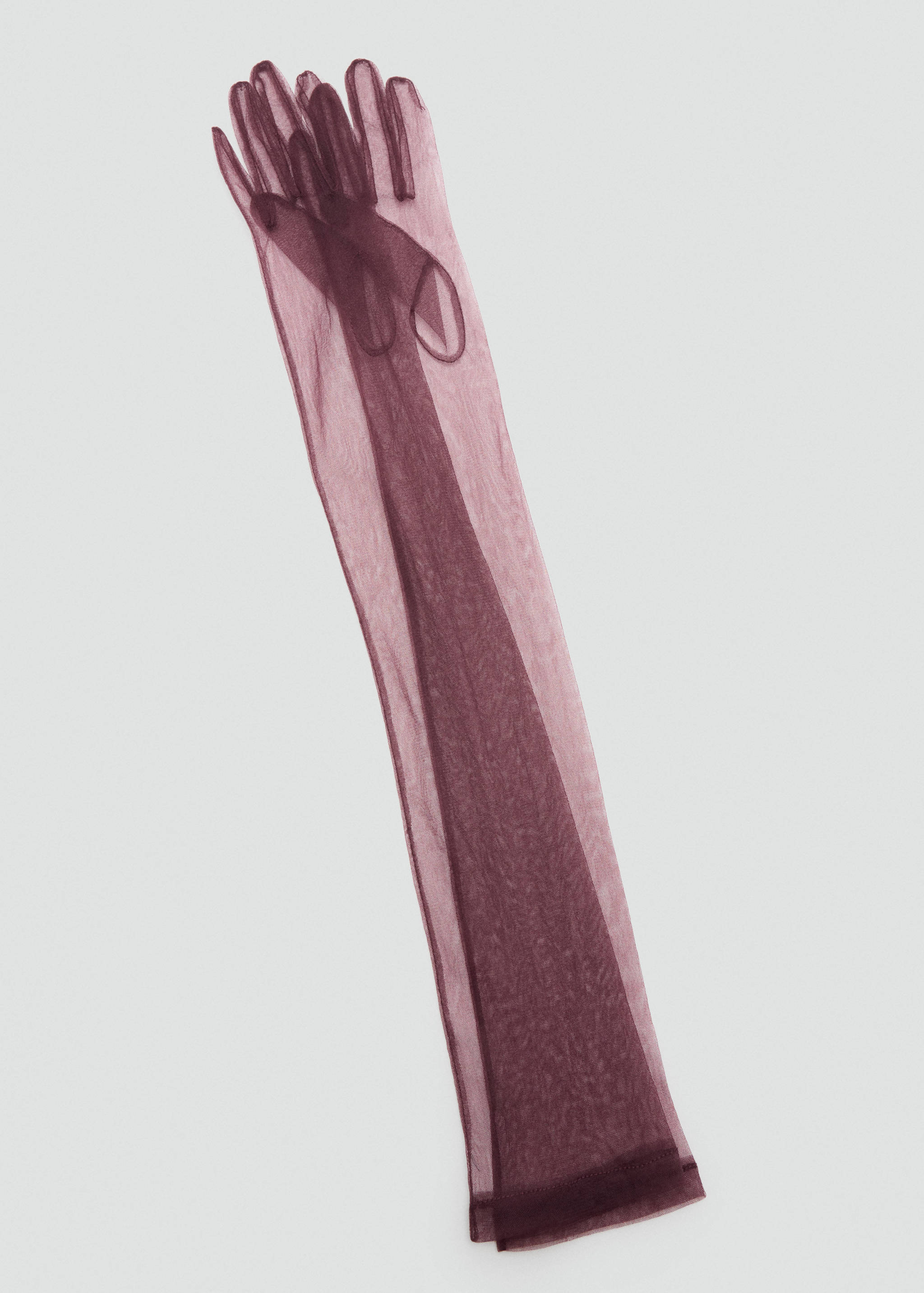 Long sheer burgundy tulle gloves in a close-up accessory view.