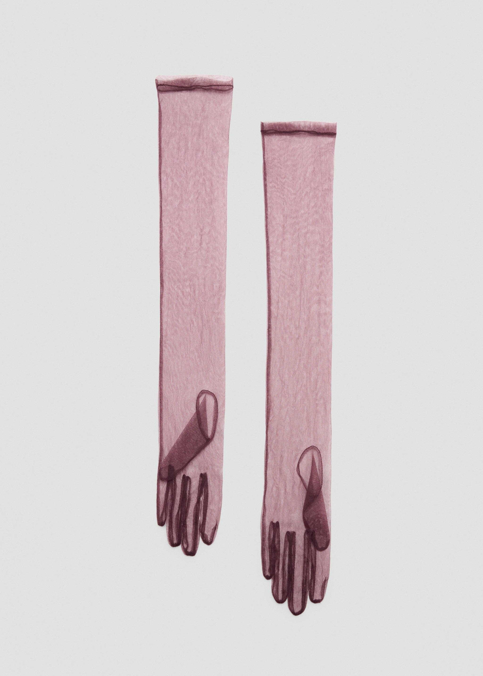Long sheer dark pink tulle gloves in a still-life view.