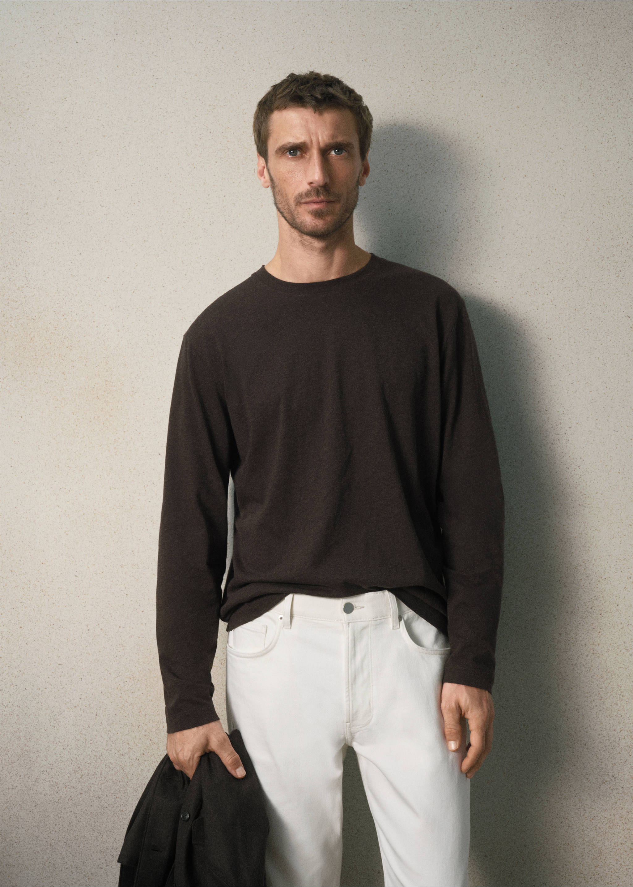 T-shirt coton mélangé cachemire regular fit - Plan moyen, Marron. Ref: 37048636-00.
