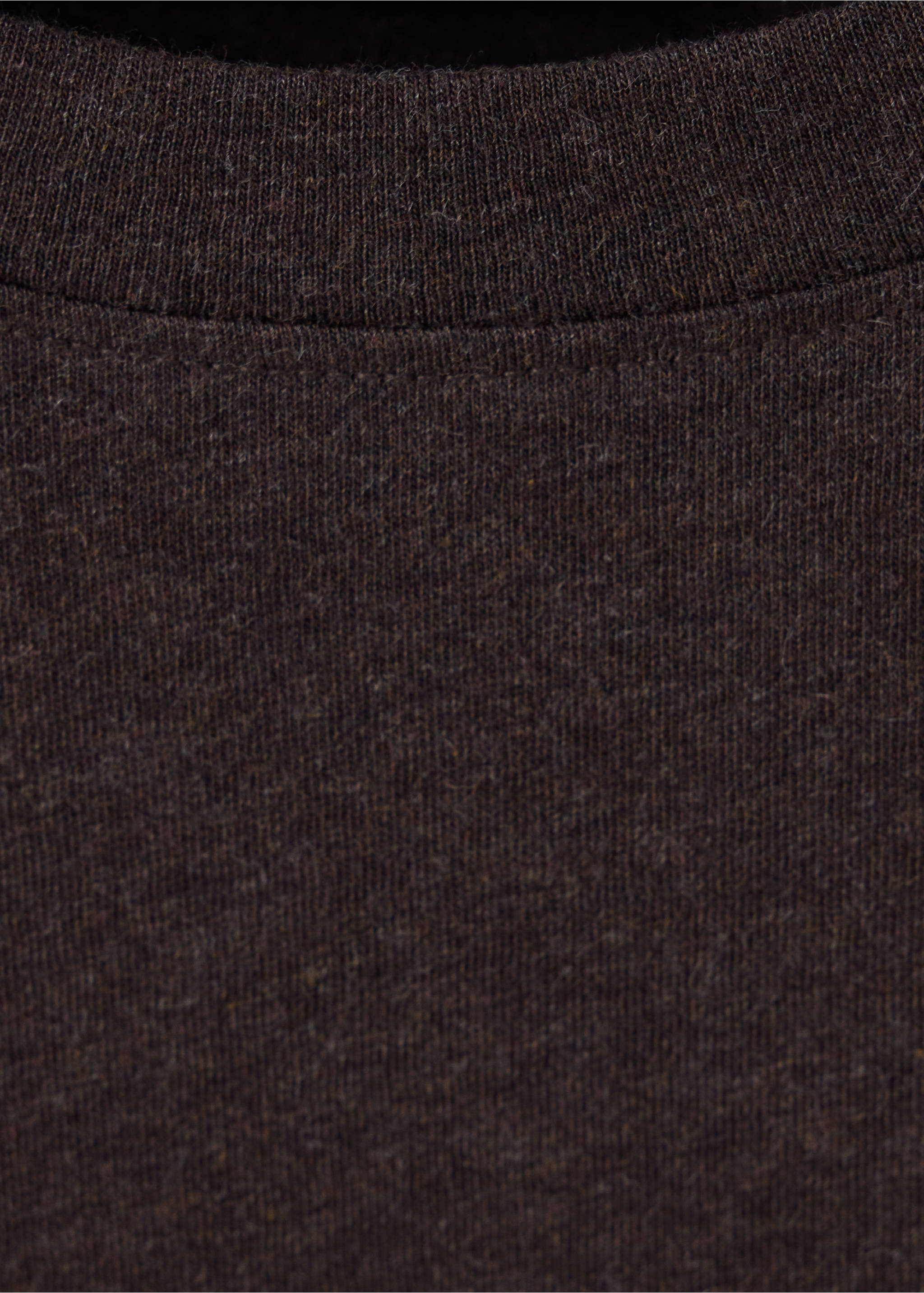Close-up of a dark brown t-shirt showing the ribbed crew neckline., Brown. Ref: 37048636-00.