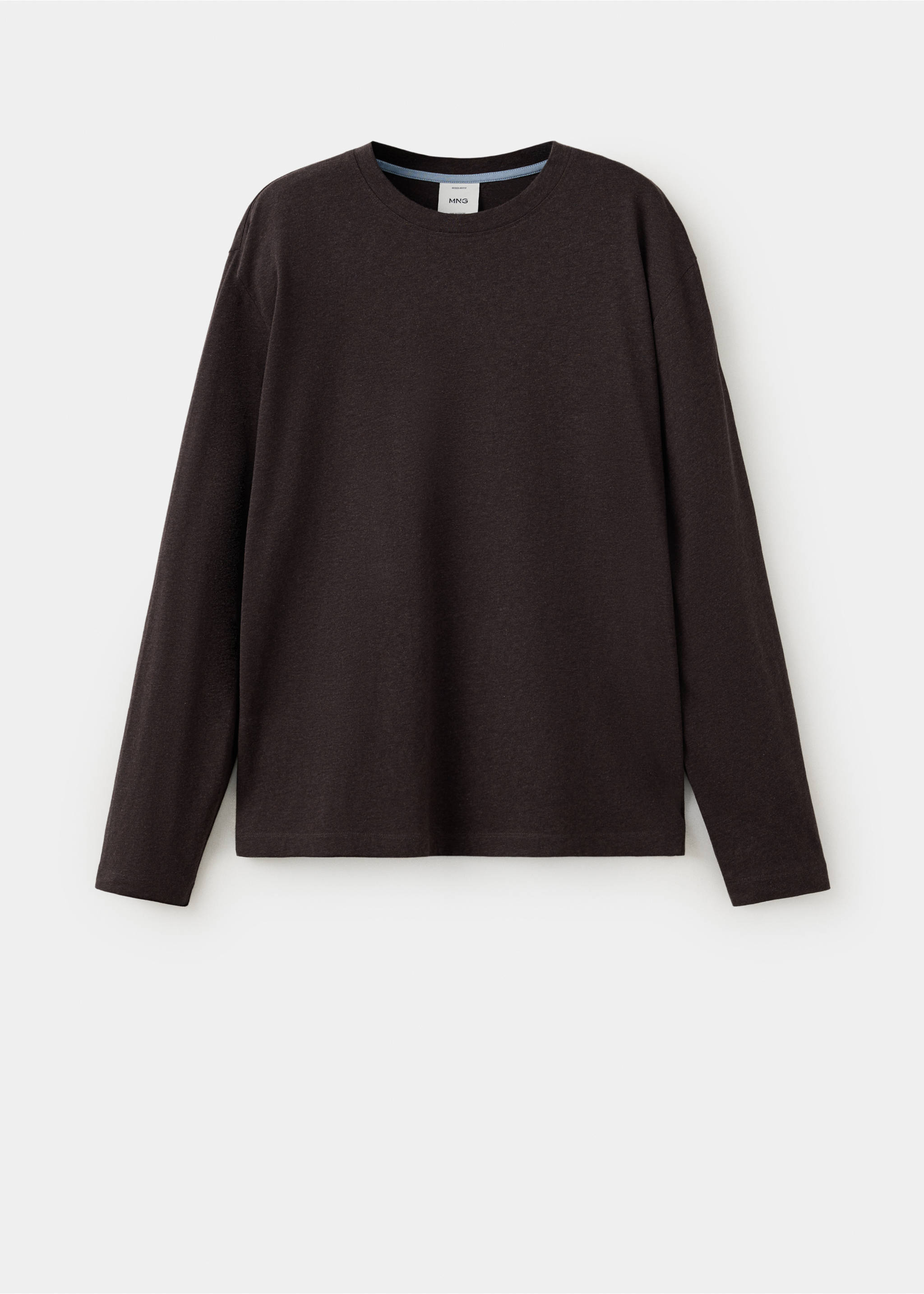 Dark brown long-sleeved crew neck t-shirt in a still-life view., Brown. Ref: 37048636-00.