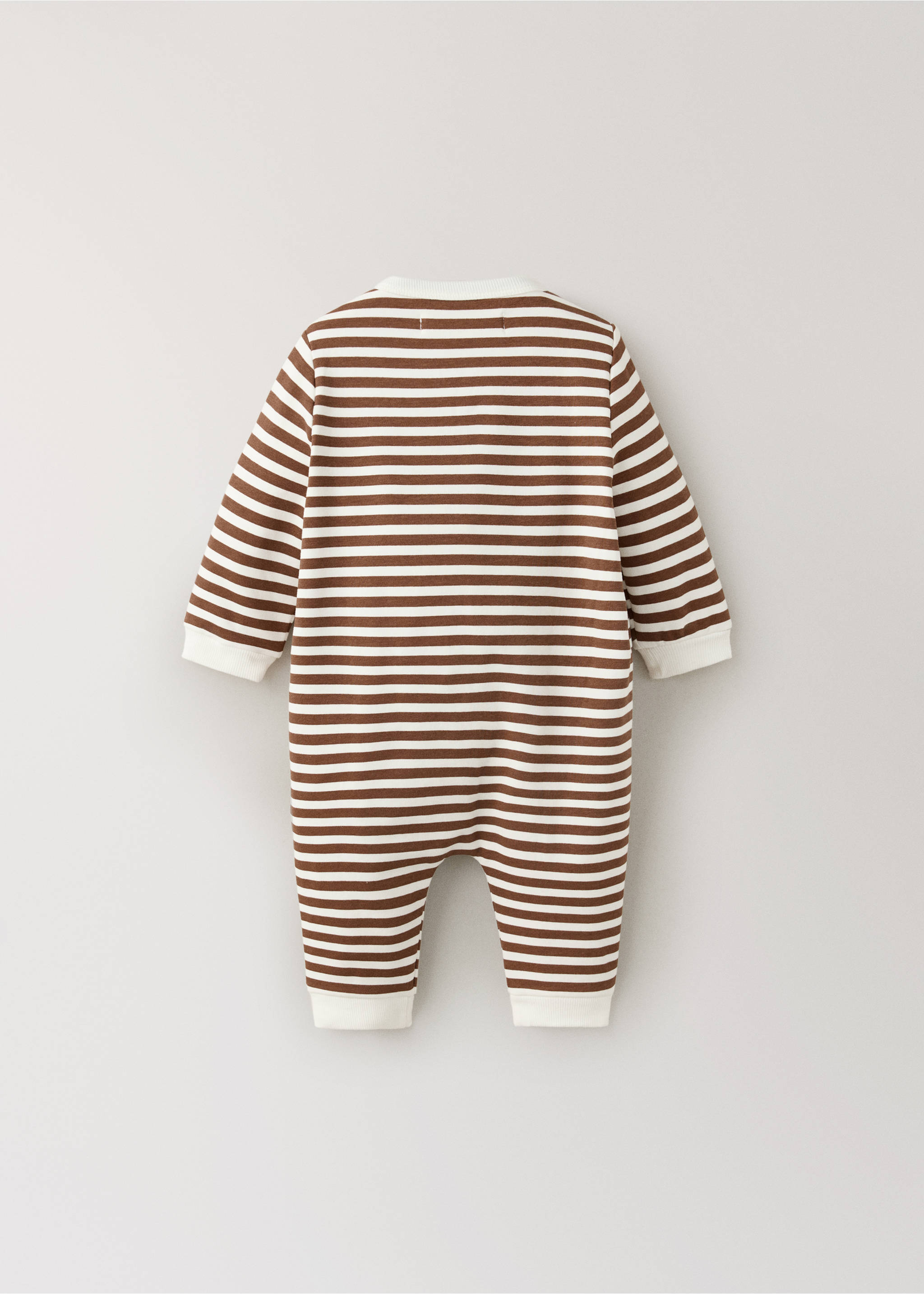 Back view of a brown and off-white striped baby jumpsuit., Red. Ref: 37048638-00.