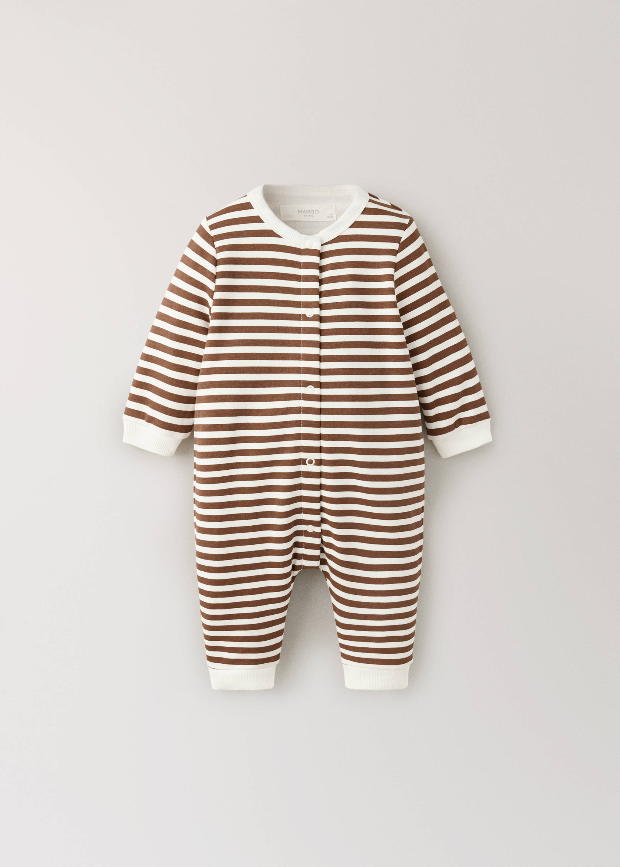 Brown and white striped baby sleepsuit with long sleeves and snap buttons.