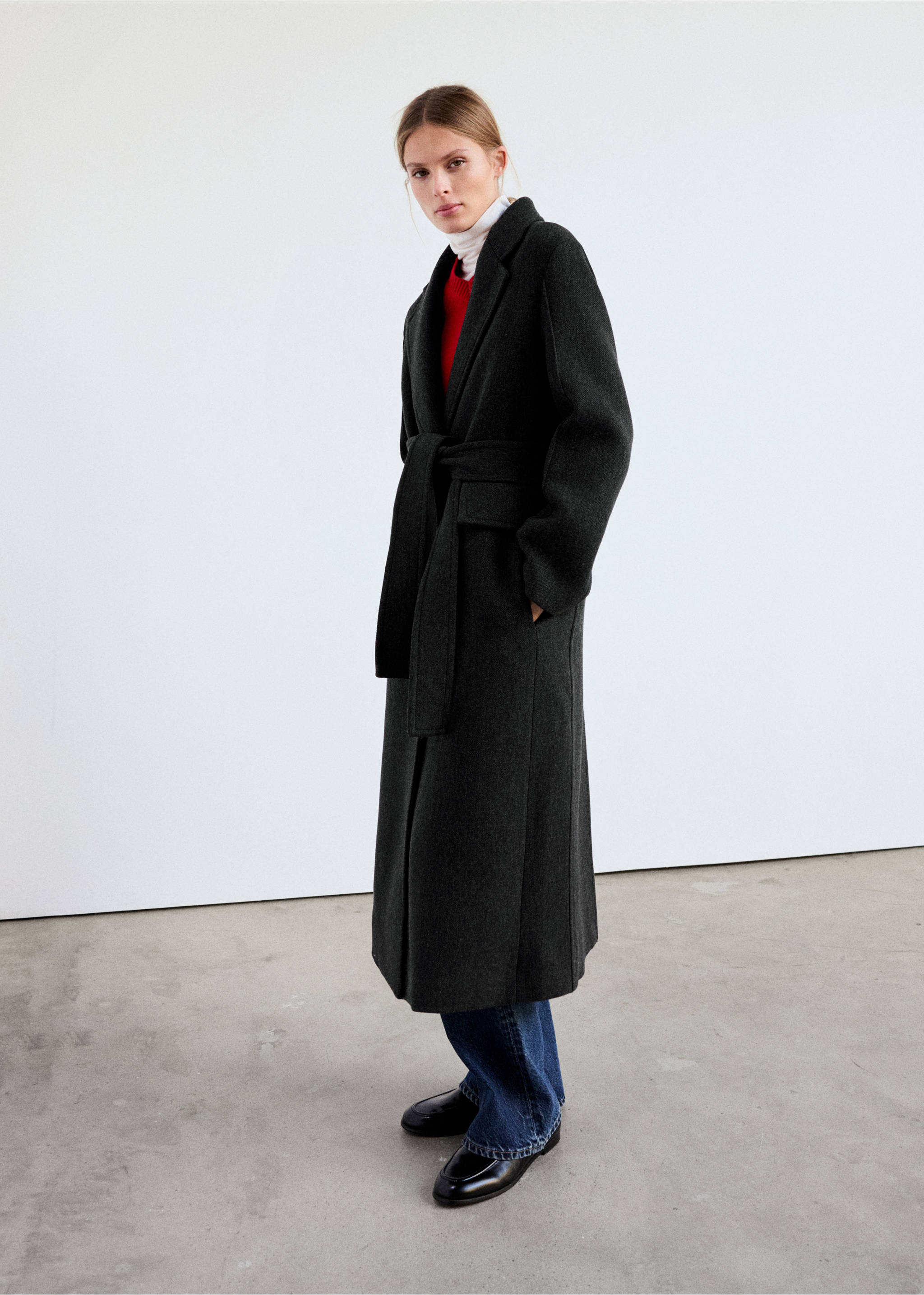 Dark grey longline coat with lapels and a matching tie belt., Grey. Ref: 37048640-00.