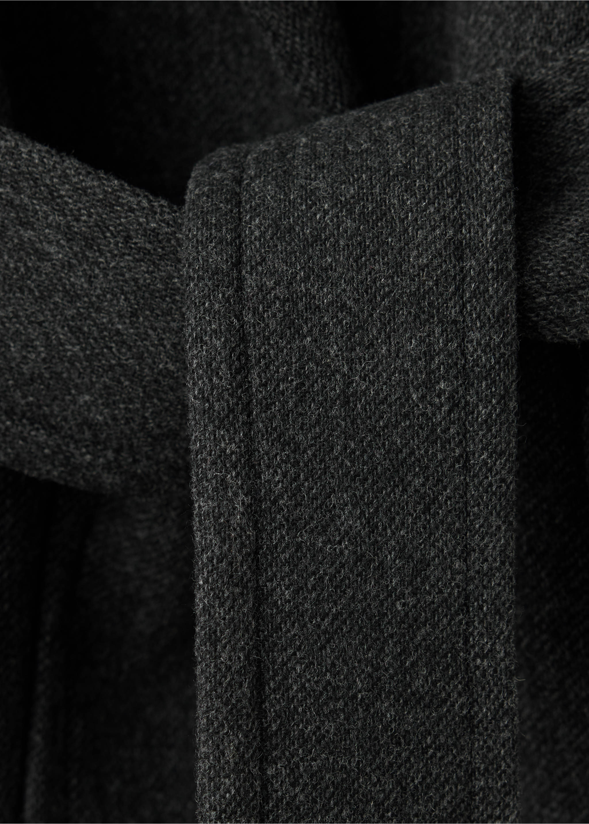 Close-up of a charcoal grey coat belt and textured fabric., Grey. Ref: 37048640-00.