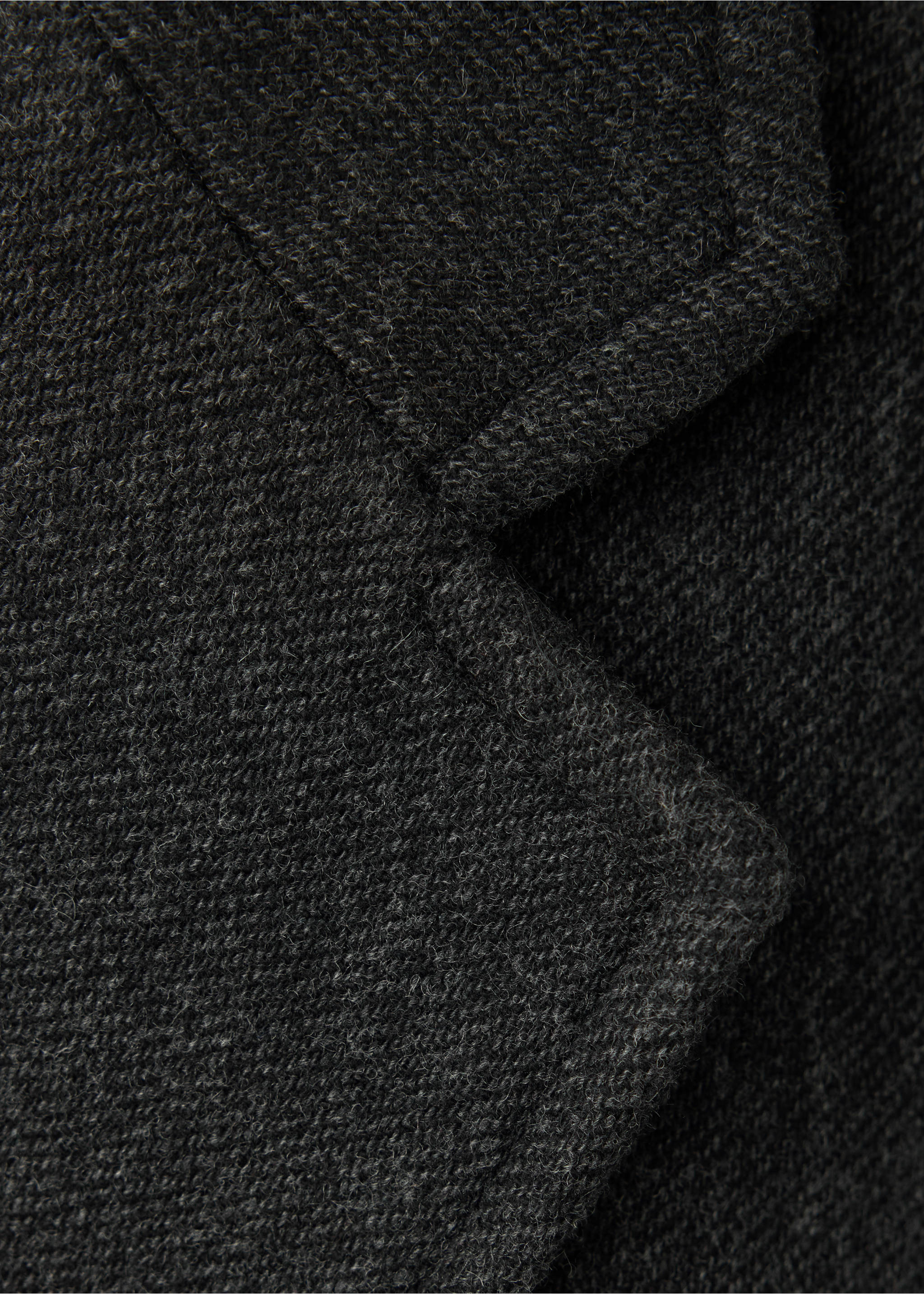 Close-up of the dark grey textured coat fabric and lapel., Grey. Ref: 37048640-00.