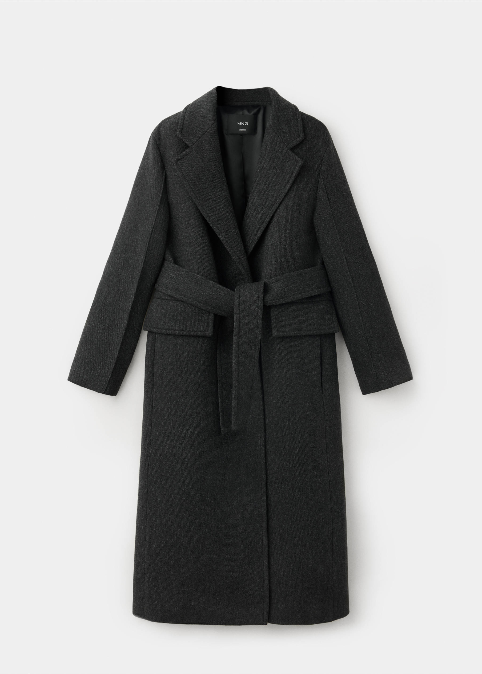Dark grey long wool-blend coat with notched lapels and a matching belt., Grey. Ref: 37048640-00.