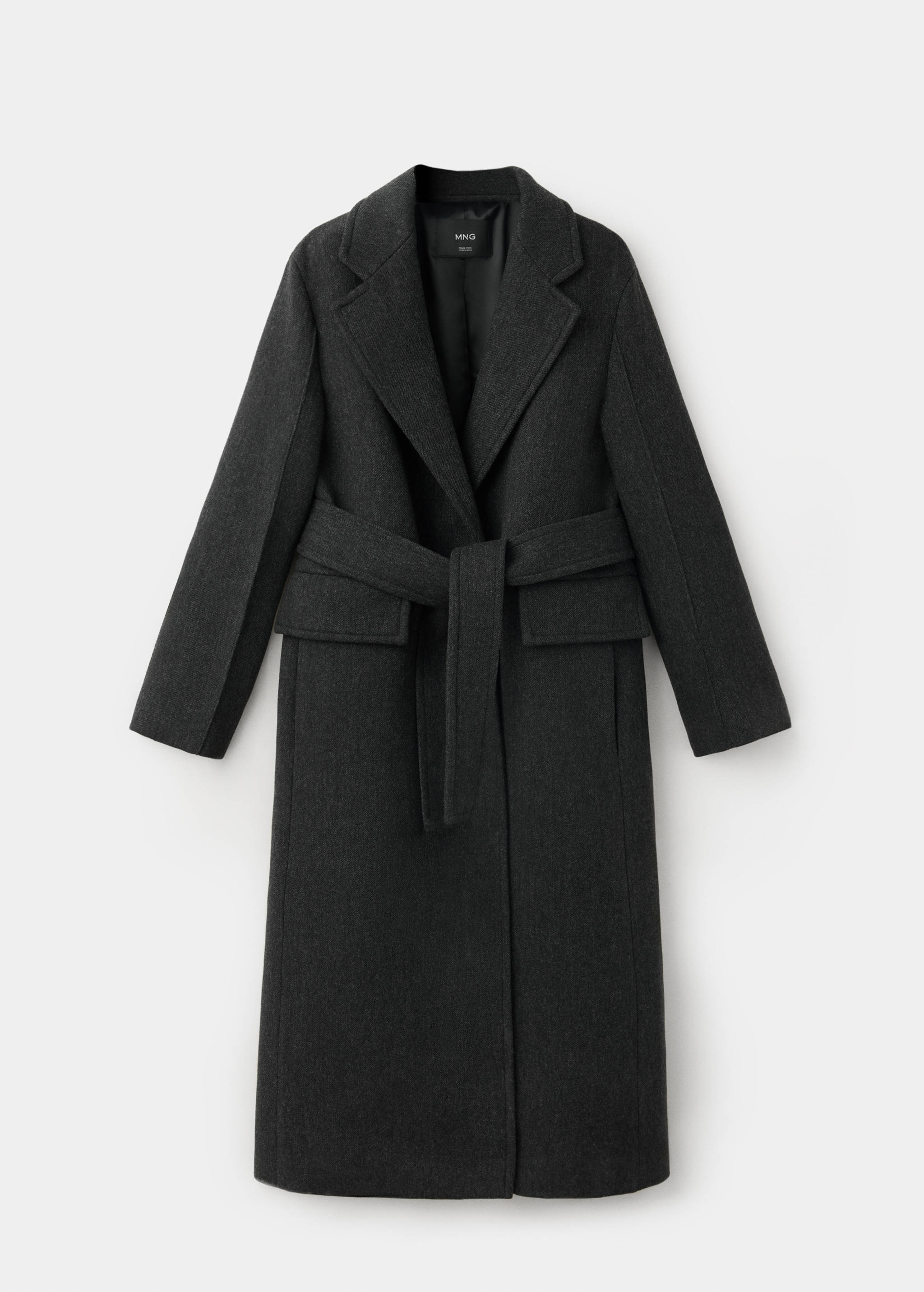 Dark grey long wool-blend coat with notched lapels and a matching belt.