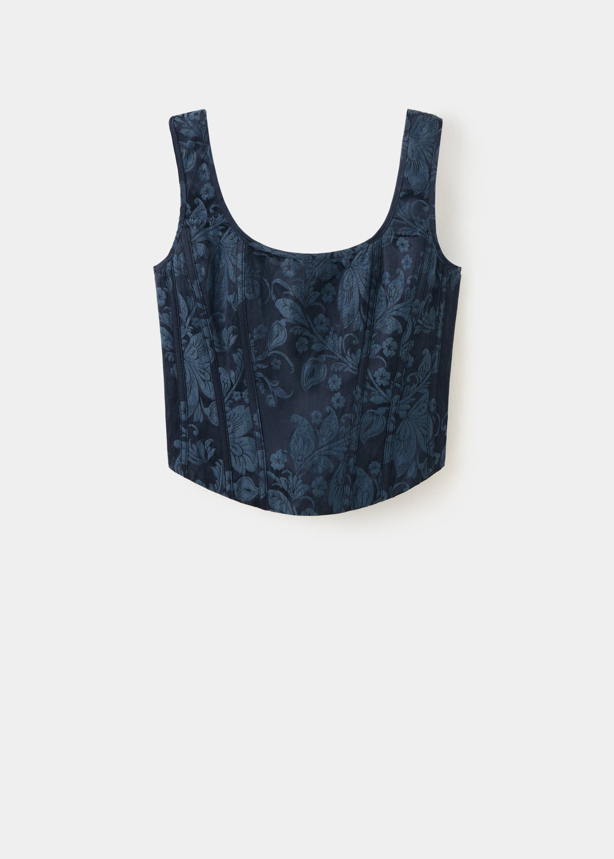 Dark blue jacquard top with a scoop neckline and structured seaming.
