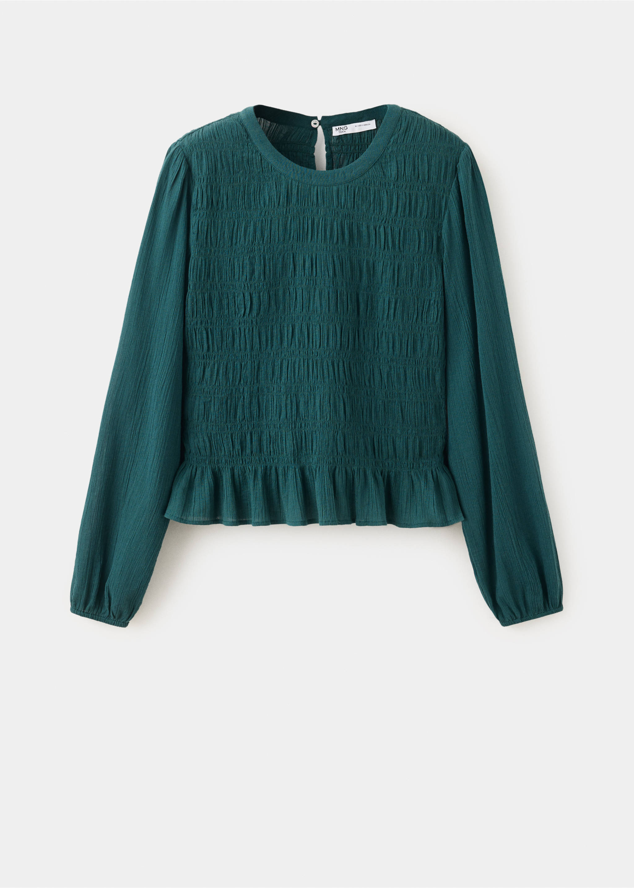 Blusa verde oscura juvenil con cuerpo de nido de abeja, manga larga y bajo volanteado., Azul petróleo. Ref: 37049116-00.