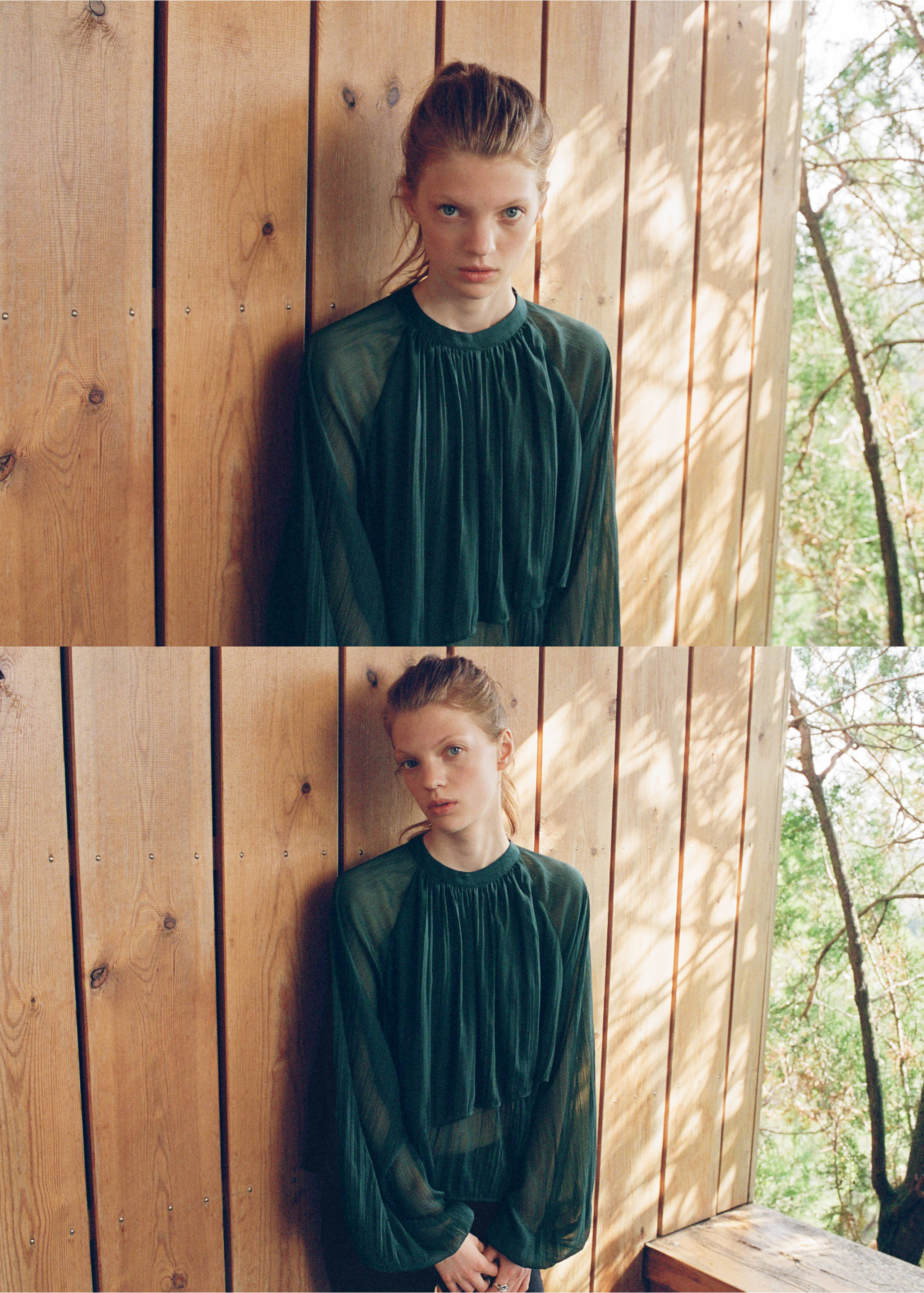 Dark green sheer blouse with gathered neckline and long sleeves, shown in two creative e-commerce views., Petrol Blue. Ref: 37049117-00.