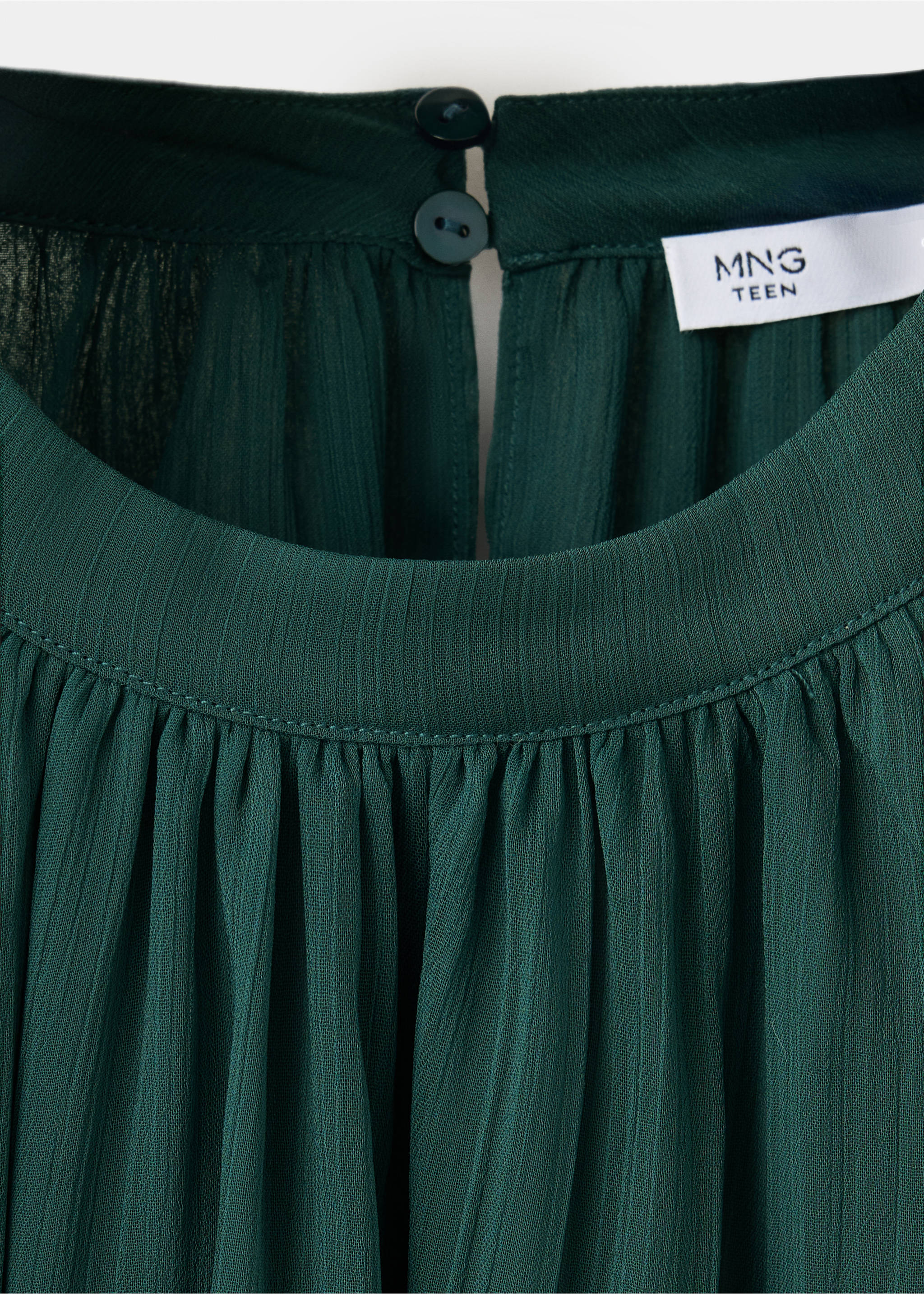 Dark green textured blouse with a round neck and gathered pleats., Petrol Blue. Ref: 37049117-00.