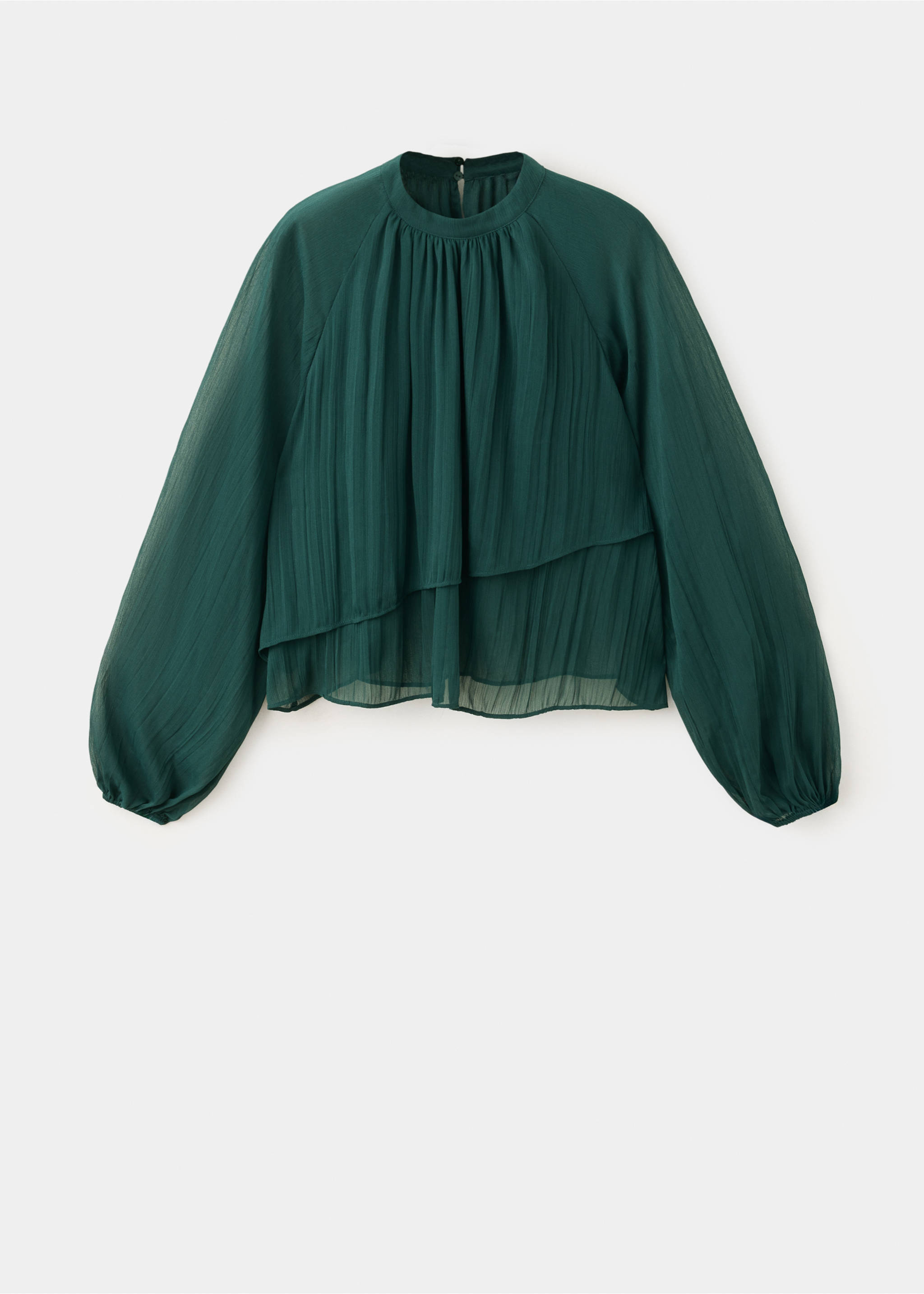 Dark green pleated long-sleeve blouse with an asymmetric layered overlay., Petrol Blue. Ref: 37049117-00.