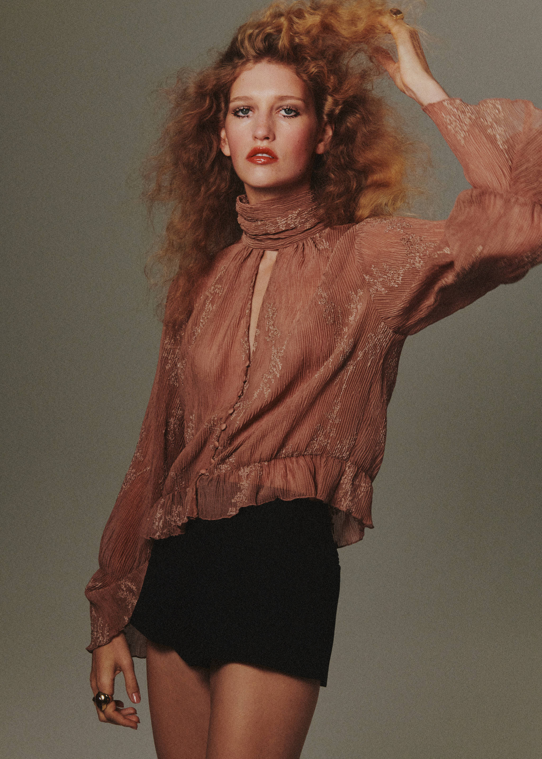 Mauve pleated blouse with high smocked collar, front keyhole cutout, and long sleeves., Pastel Pink. Ref: 37049119-00.