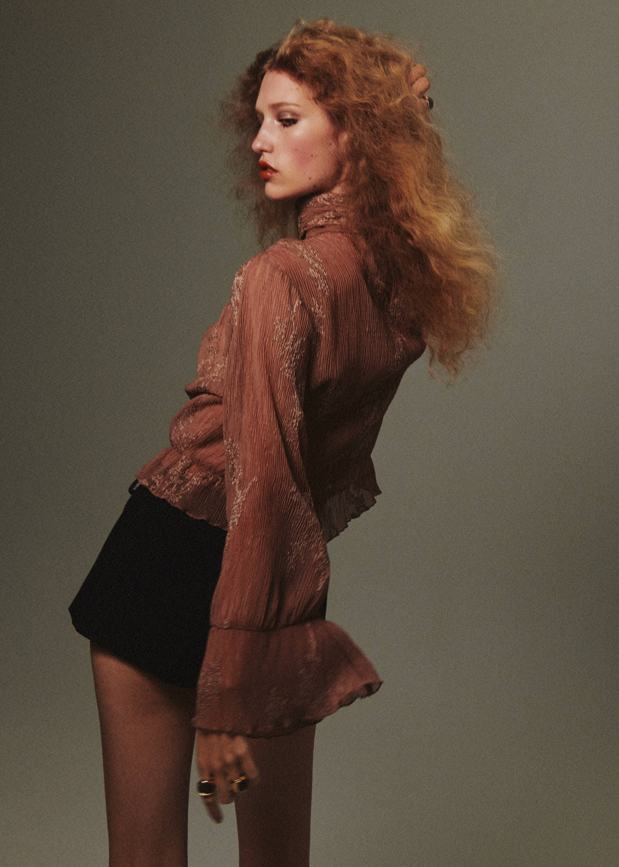 Back view of a pleated pink floral blouse with a high neck and flared sleeves., Pastel Pink. Ref: 37049119-00.