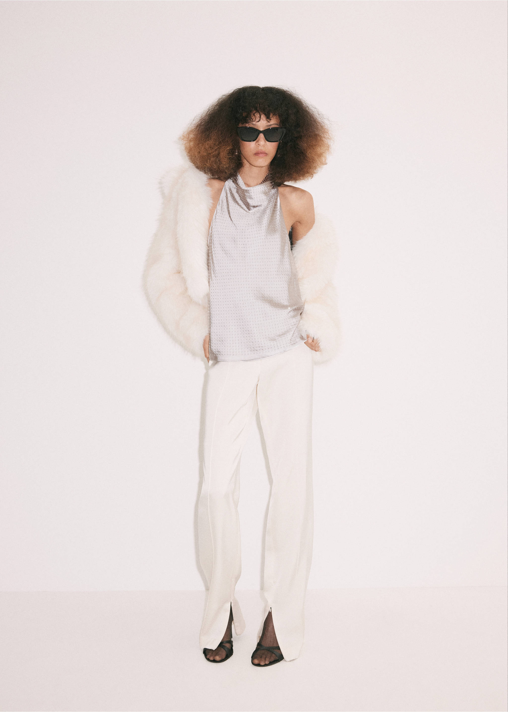Grey patterned halter-neck top with cowl neck, worn with white trousers and a faux-fur jacket., Grey. Ref: 37049121-00.