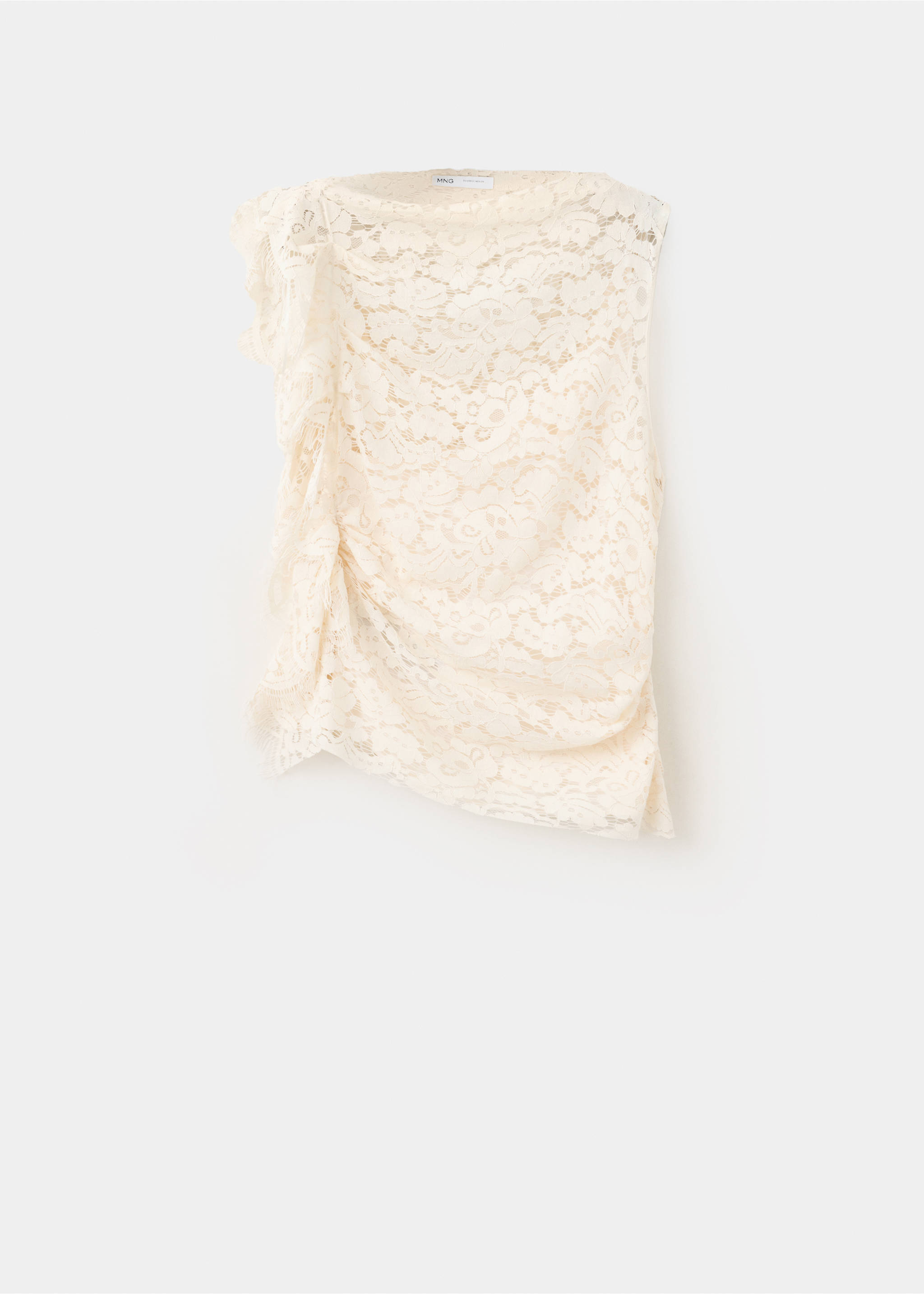 Cream lace top with an asymmetric neckline and ruched side detailing., Ecru. Ref: 37049122-00.