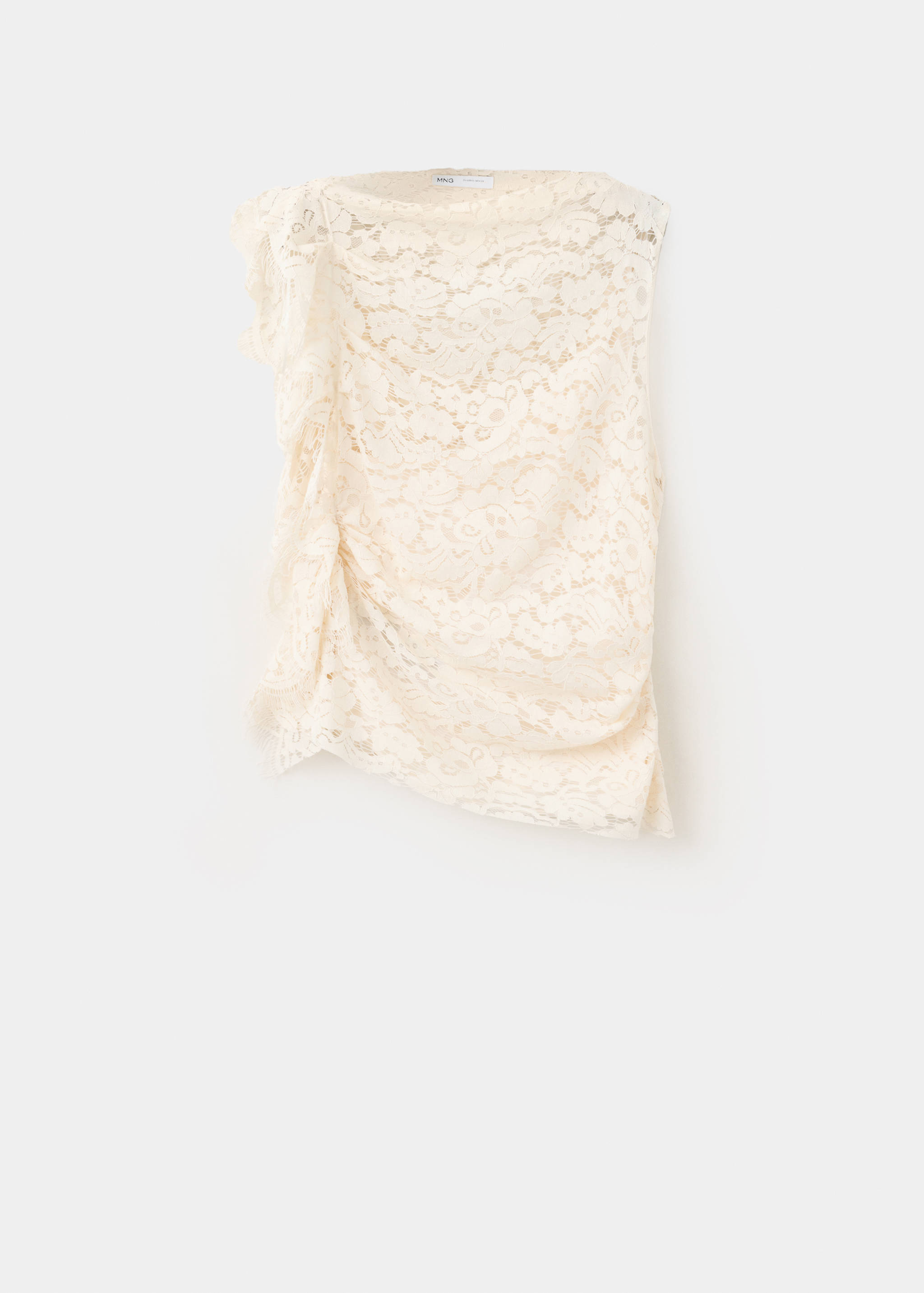 Cream lace top with an asymmetric neckline and ruched side detailing.
